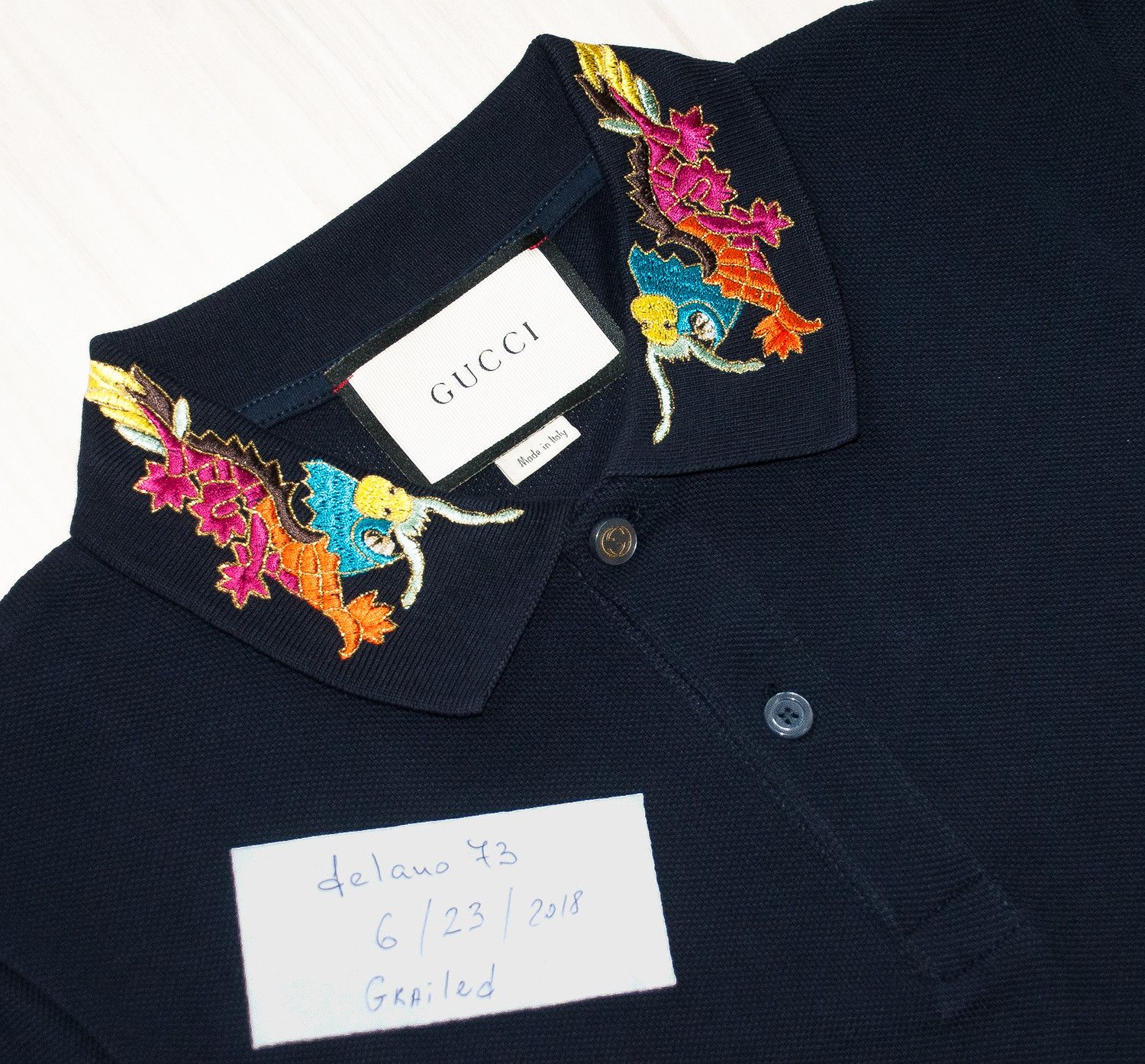 Gucci Dragon Embroidered Collar Slim Fit Navy Polo Shirt Grailed