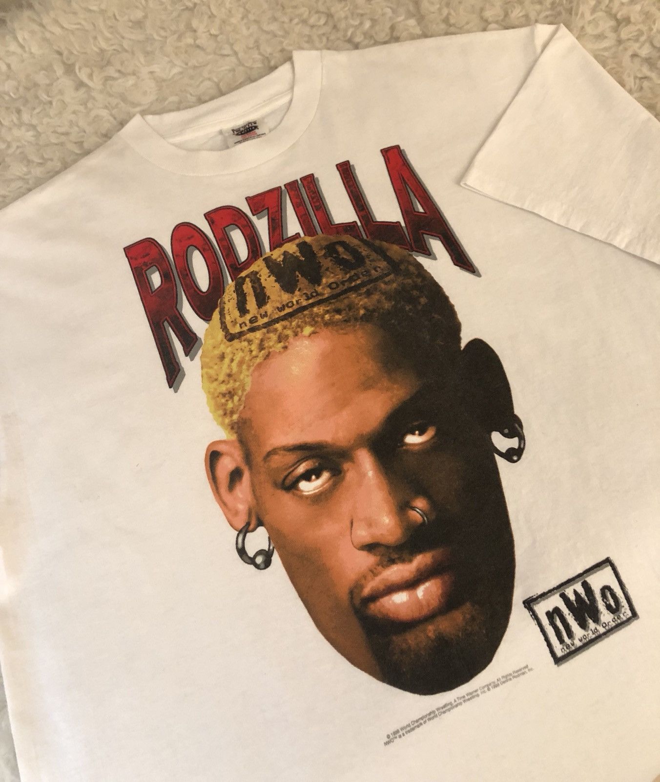 Vintage 1998 Rodzilla Dennis Rodman NWO Wrestling T Shirt White Larg –  Black Shag Vintage