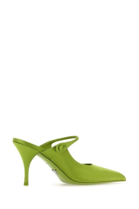 PRA 75 POINTED SATIN MULES IN GREEN FLEECE HEEL