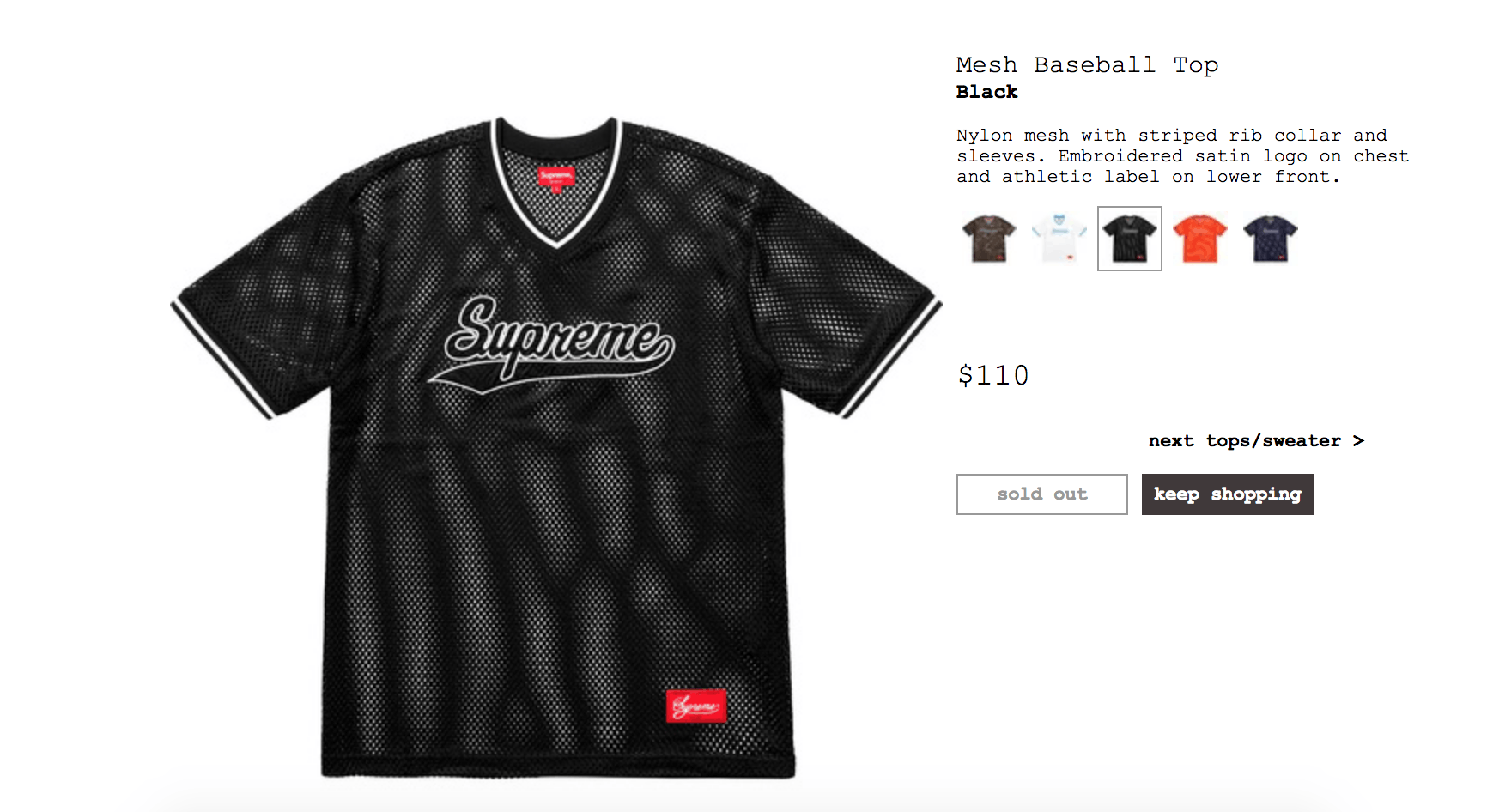 Supreme Mesh Baseball Jersey BLACK 