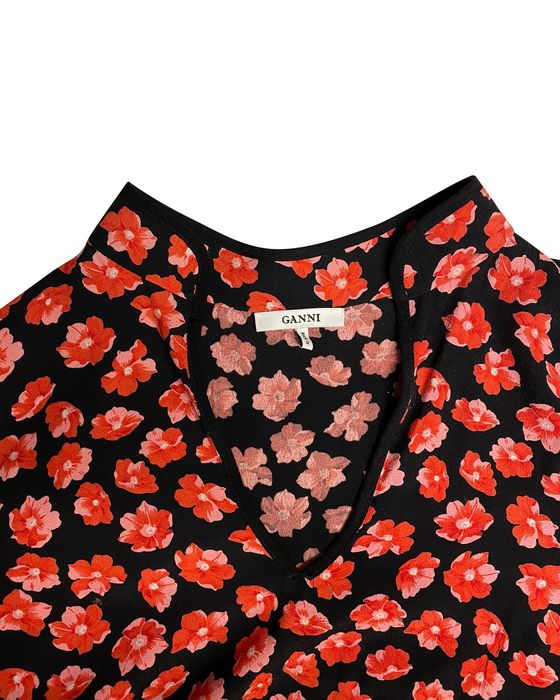 Ganni Floral Viscose Mini Dress with High Neckline and Frilled Cuffs ...