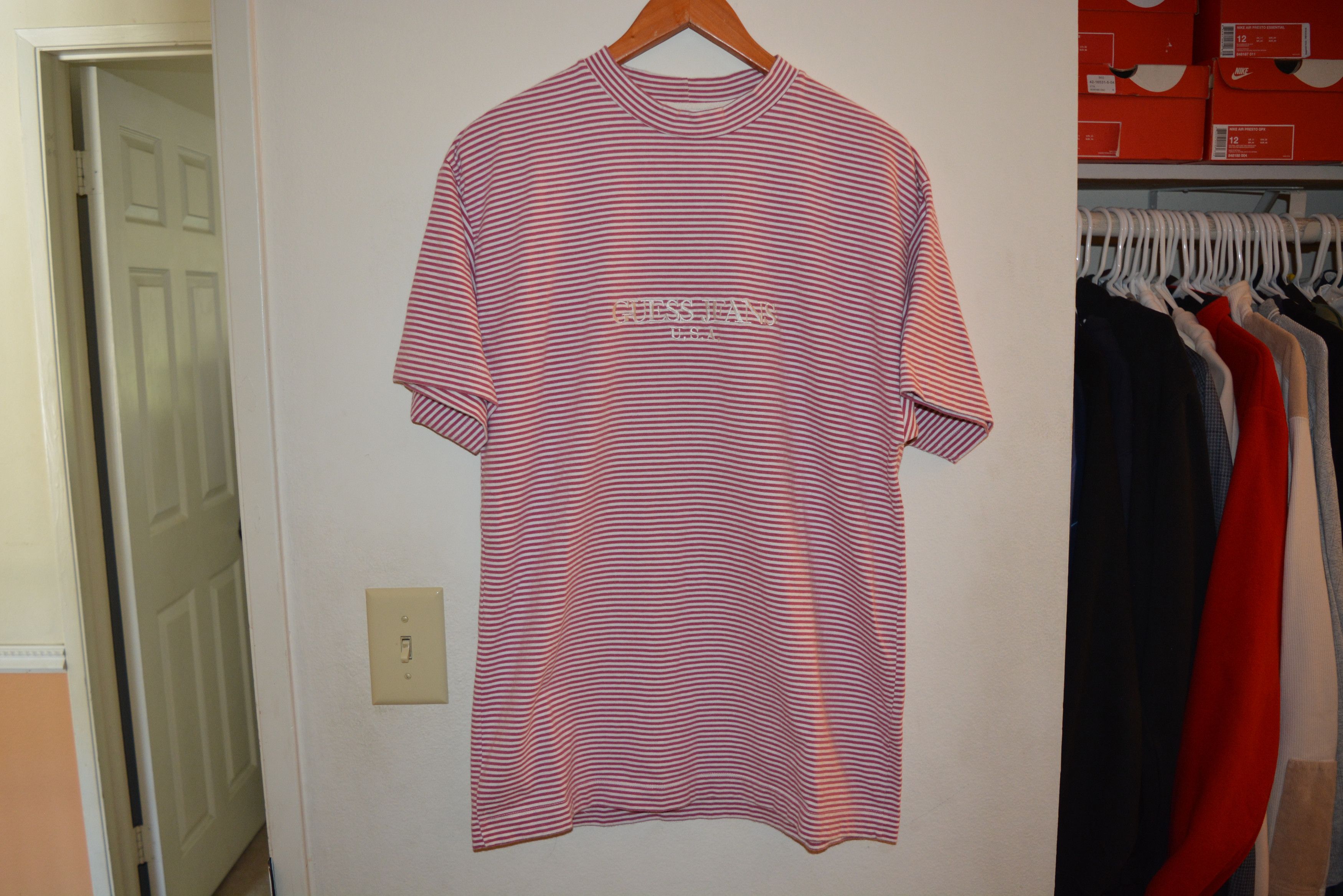 image of Guess Jeans Usa Embroidered Striped Tee T-Shirt in Red White Stripes, Men's (Size Medium)
