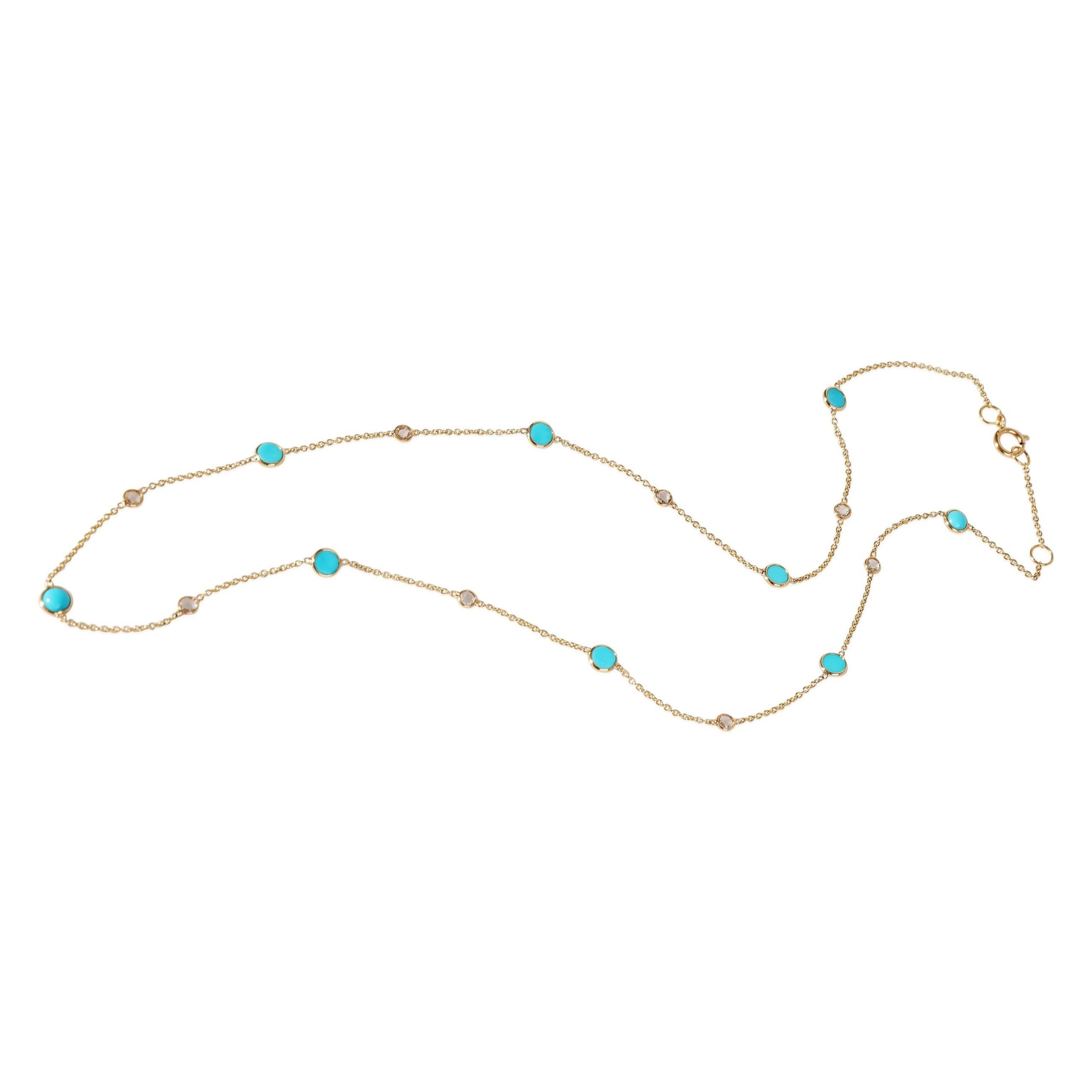 Turquoise &. Rose Cut Diamond Station Necklace, 18k Yellow Gold 0.09 CTW