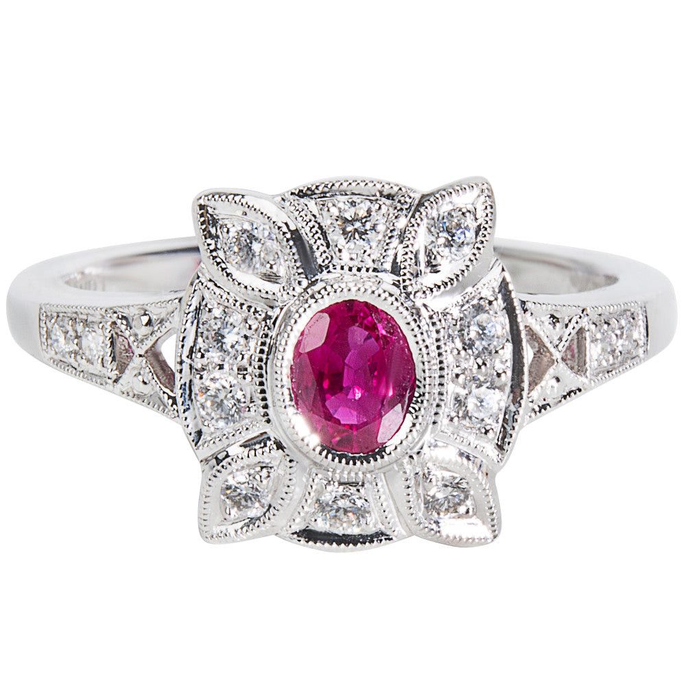 Ruby & Diamond Ring in 18K White Gold (0.20 CTW) Womenswear