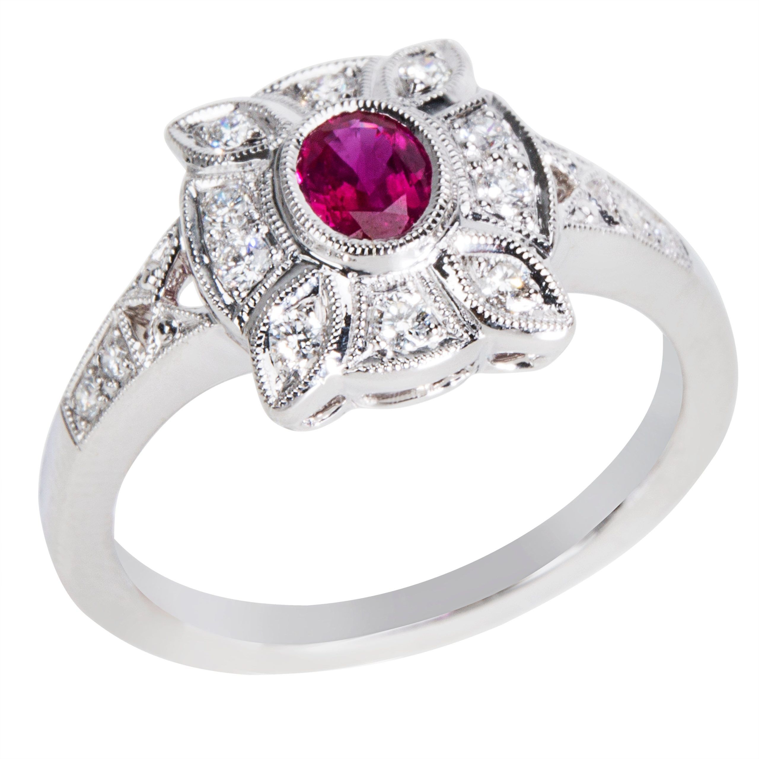 Ruby & Diamond Ring in 18K White Gold (0.20 CTW) Womenswear