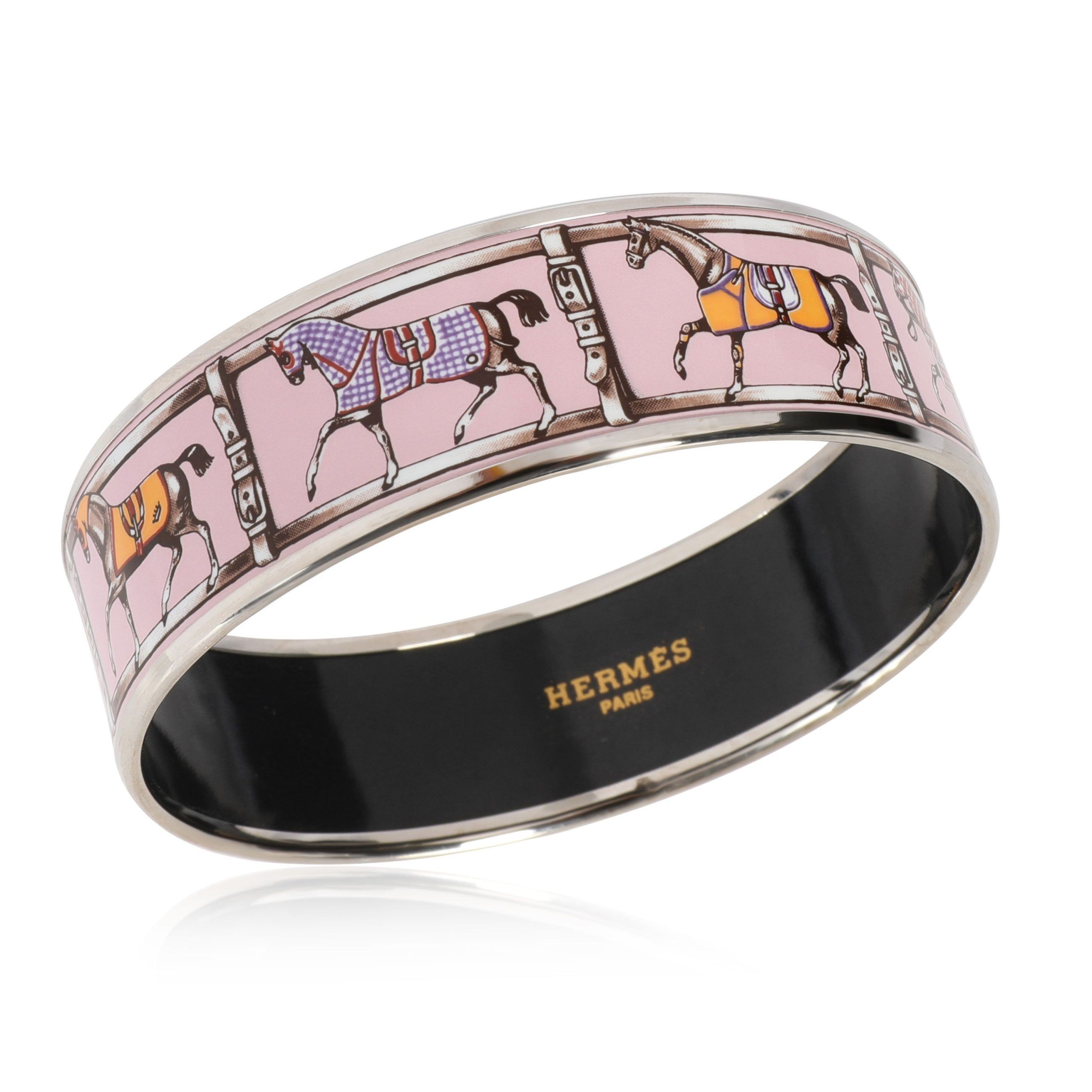 Hermès Palladium-Plated Equestrian Print Wide Enamel Bangle