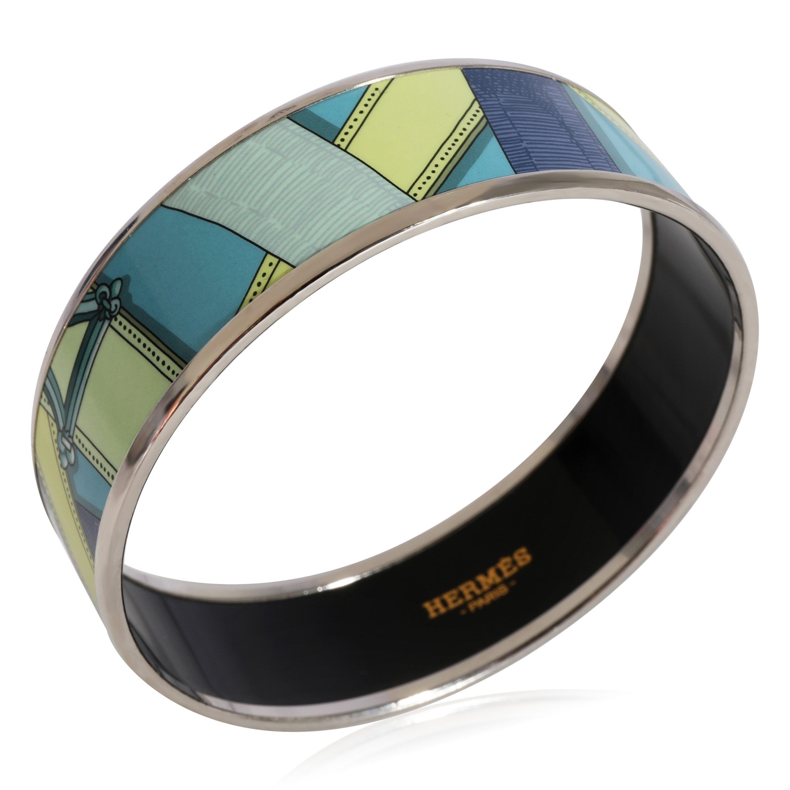 Hermès Plated Cavalcadour Turquoise Wide Enamel Bangle (59mm)