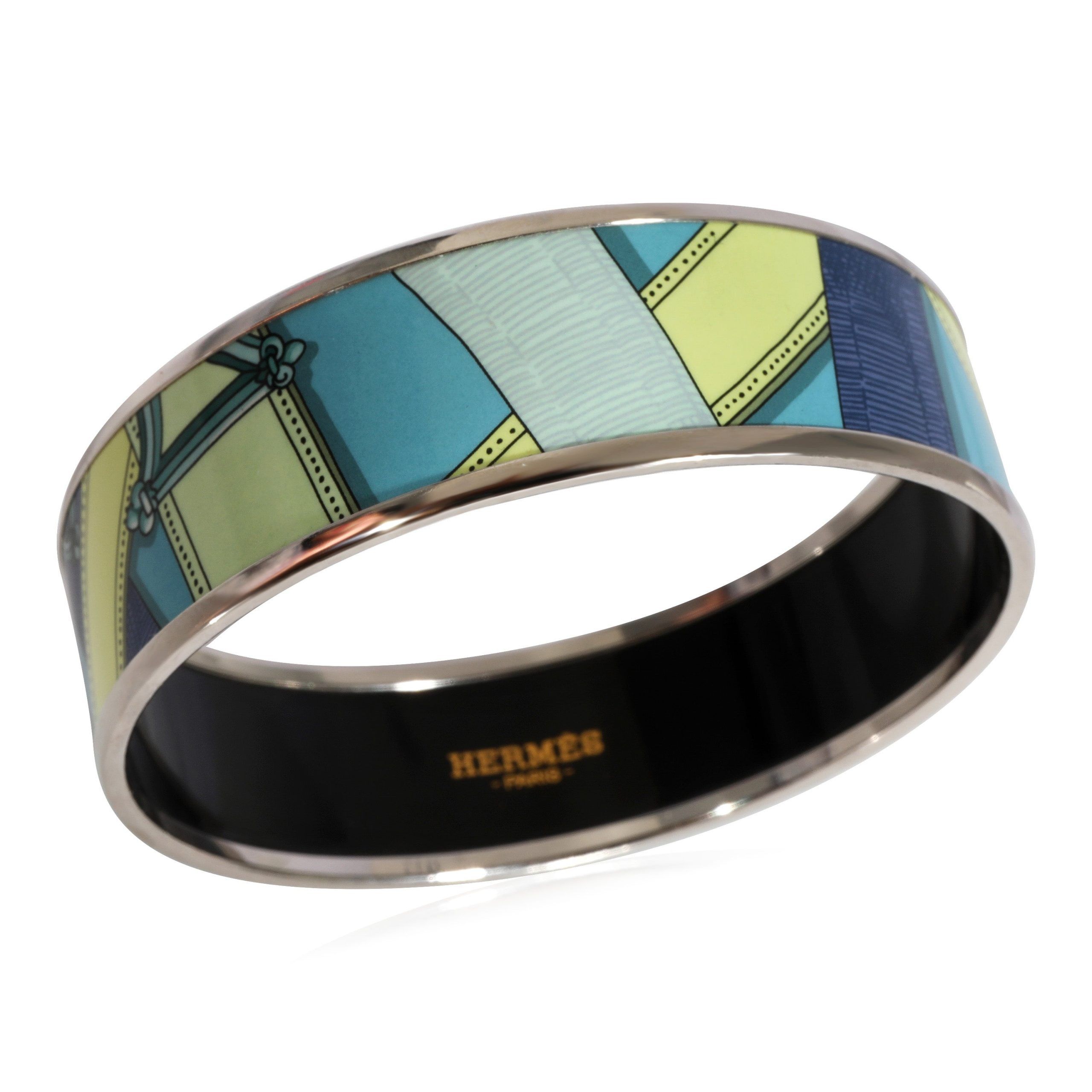 Hermès Plated Cavalcadour Turquoise Wide Enamel Bangle (59mm)