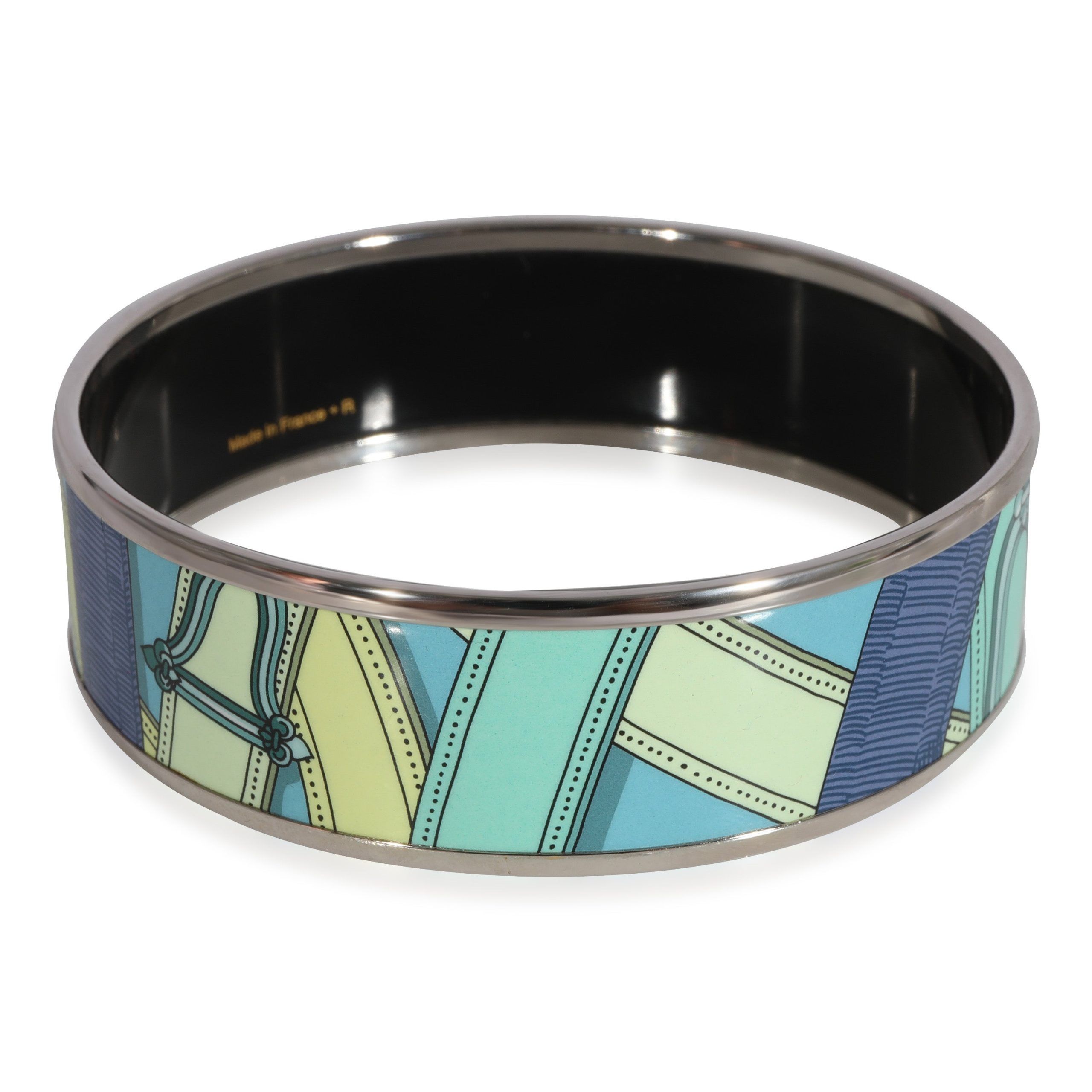 Hermès Plated Cavalcadour Turquoise Wide Enamel Bangle (59mm)