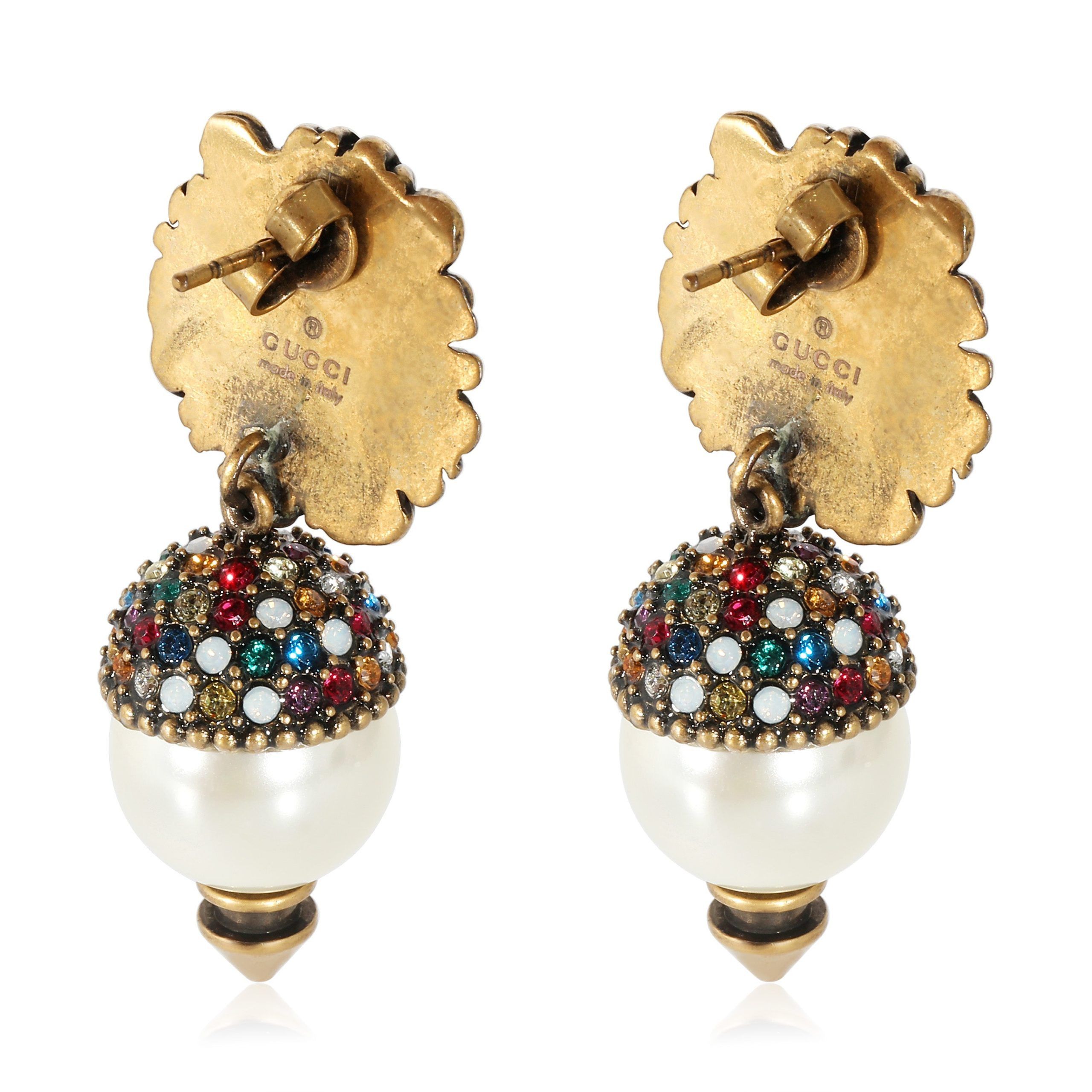 Gucci Gucci Lion Head Faux Pearl & Crystal Brass Tone Drop Earrings Size ONE SIZE - 3 Thumbnail