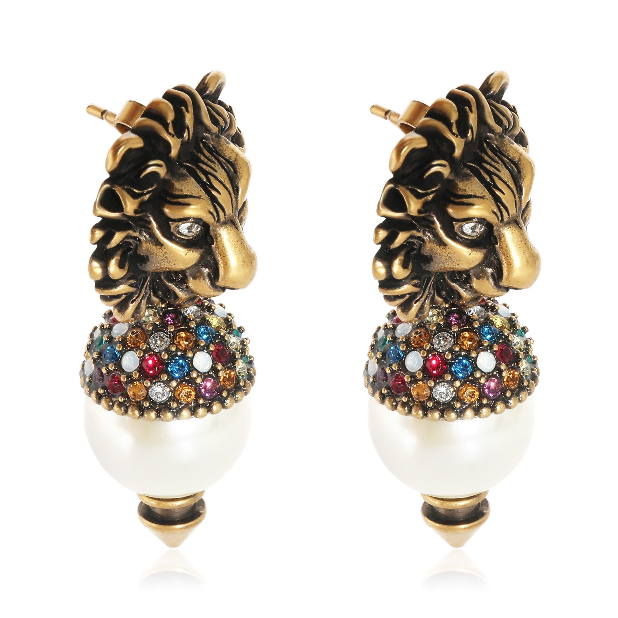 Gucci Gucci Lion Head Faux Pearl & Crystal Brass Tone Drop Earrings Size ONE SIZE - 2 Thumbnail