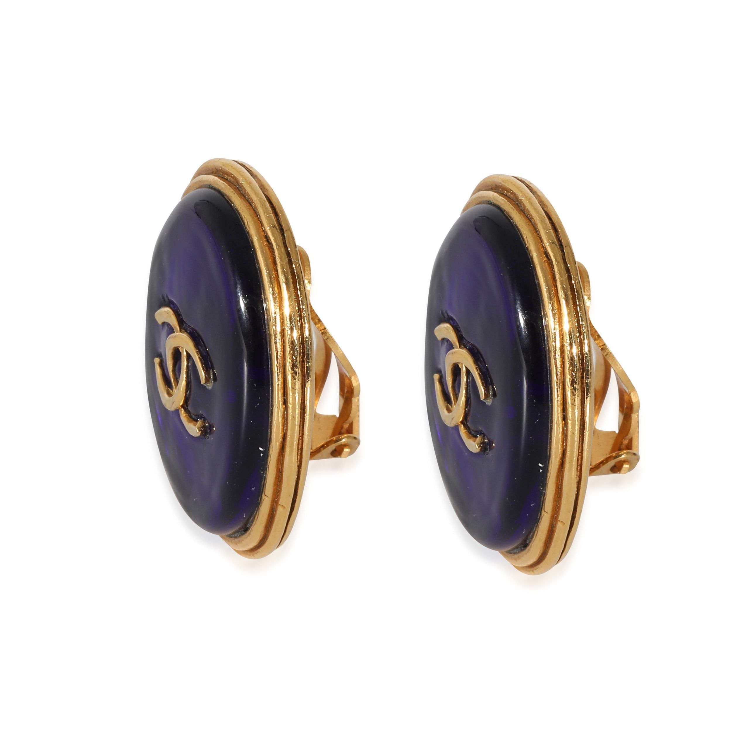 Chanel Vintage Chanel 1993 Gold Tone CC Navy Blue Resin Clip On Earrings Size ONE SIZE - 5 Thumbnail