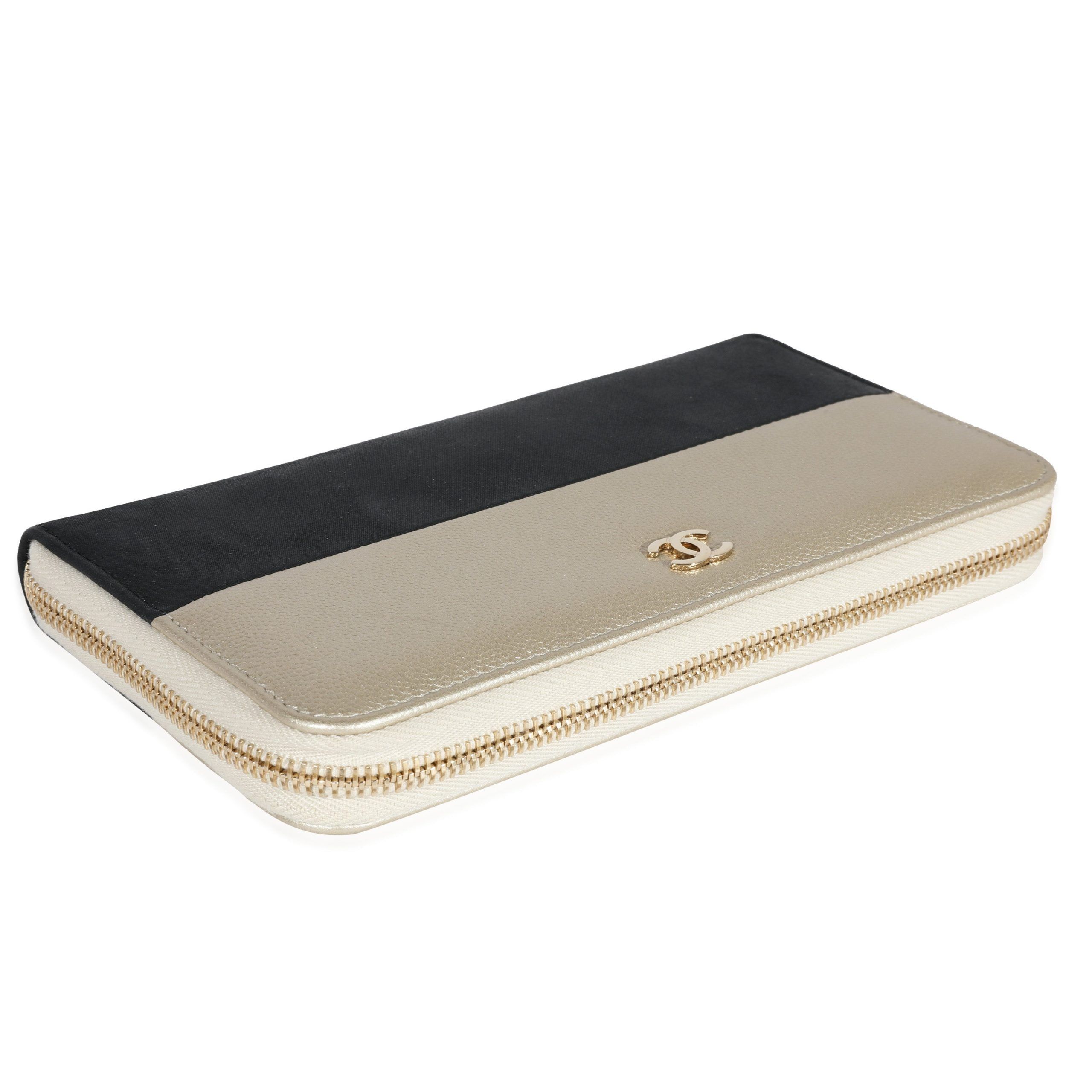 Chanel Chanel Black Satin & Metallic Light Gold Caviar Leather L-Gusset Zip Wallet Size ONE SIZE - 6 Thumbnail