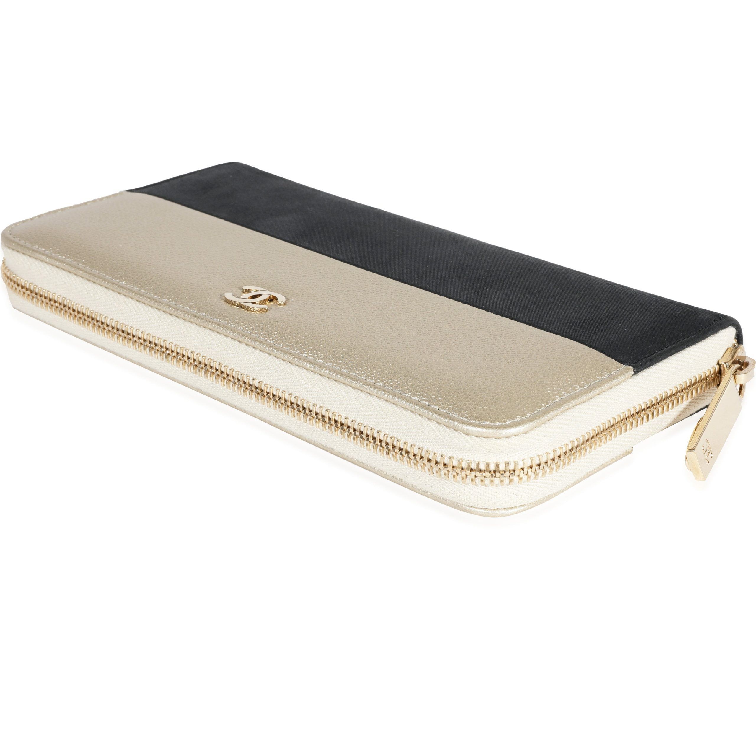 Chanel Chanel Black Satin & Metallic Light Gold Caviar Leather L-Gusset Zip Wallet Size ONE SIZE - 7 Thumbnail