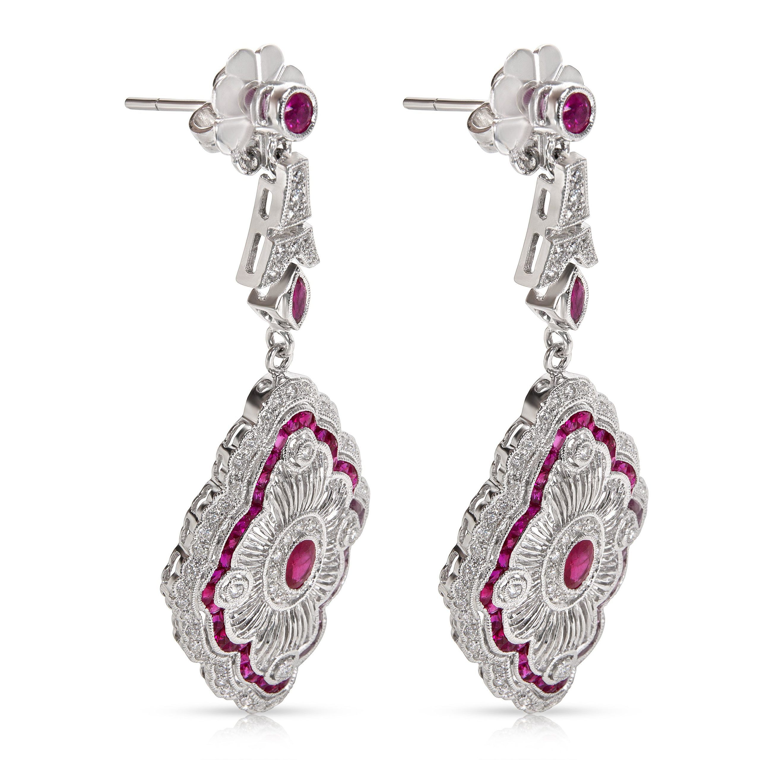 Other Art Deco Diamond & Ruby Fashion Earrings in 18k White Gold (0.80 CTW) Size ONE SIZE - 2 Thumbnail