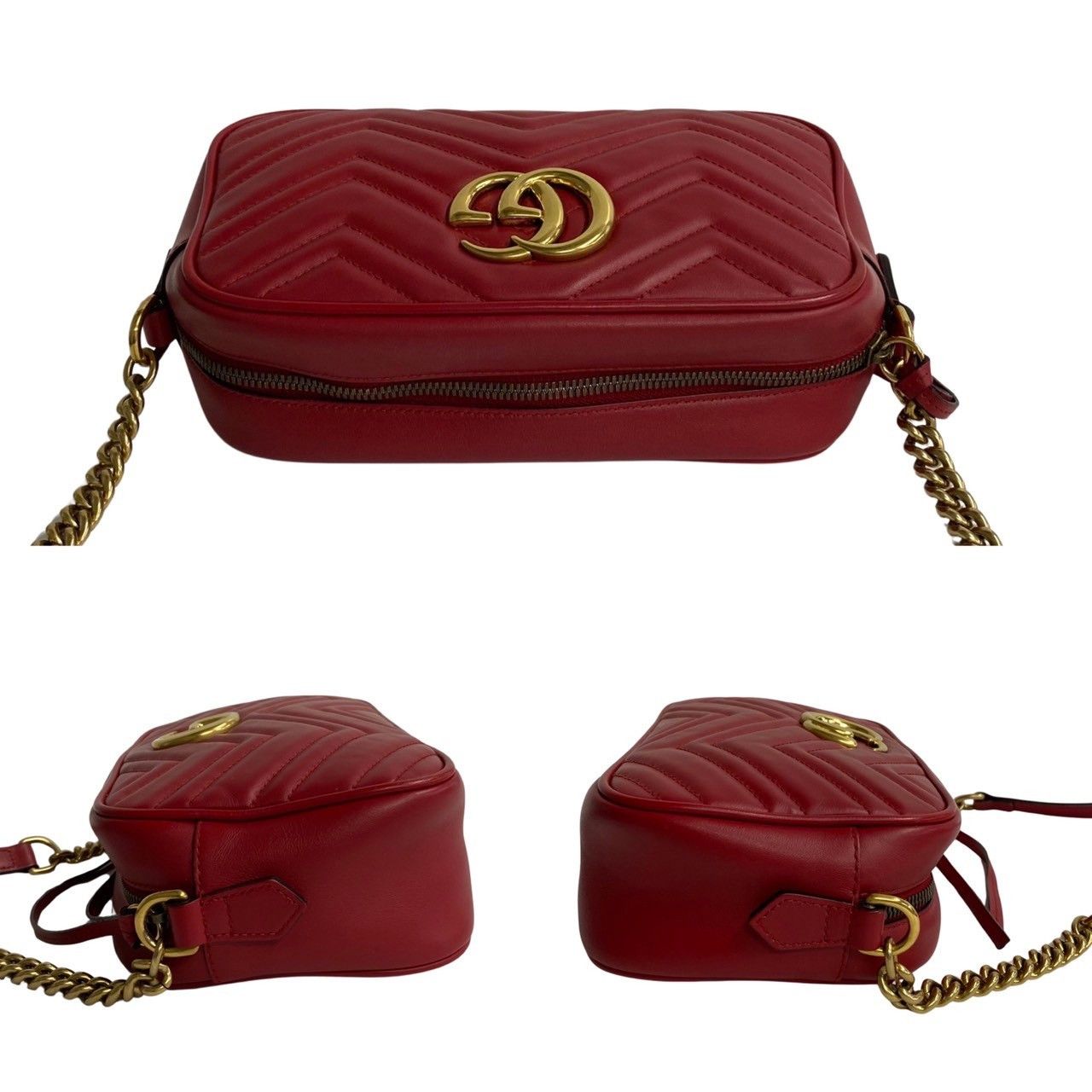 Gucci Logo GG Marmont Leather Chain Mini Shoulder Bag Pochette Sacoche Red
