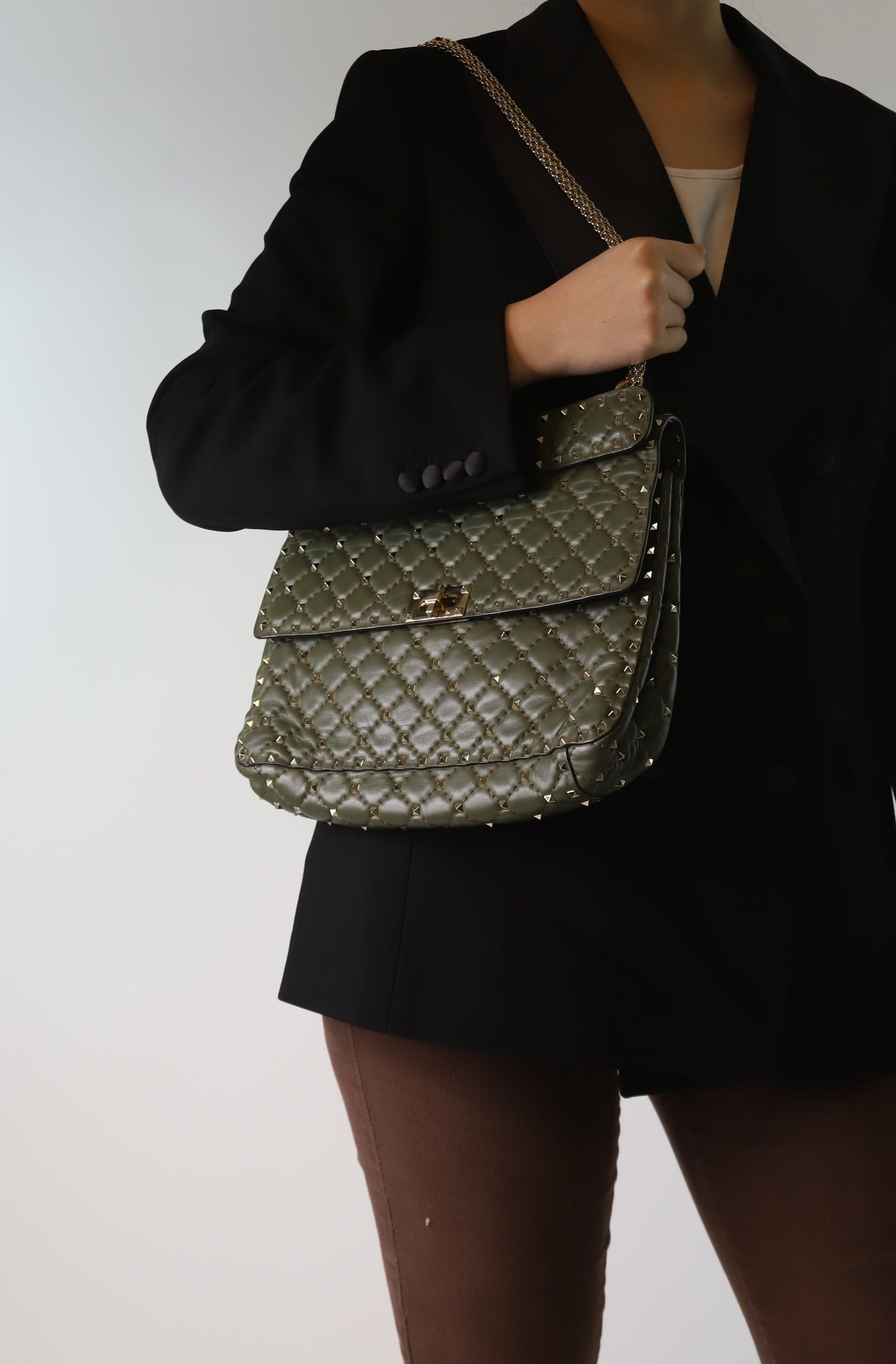 Green large nappa rockstud spike bag