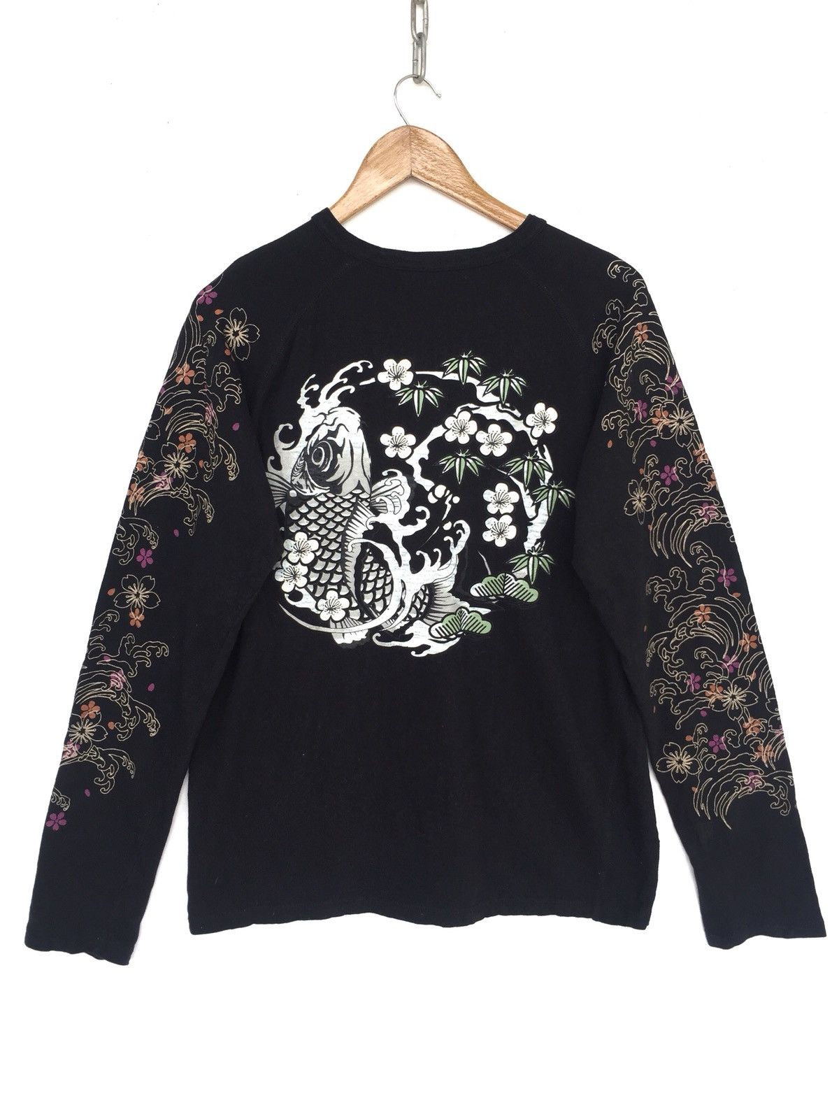 Karakuri Tamashii Koi Fish Multicolor Art Printed Black Long Sleeve Shirt Size US L / EU 52-54 / 3 - 1 Thumbnail