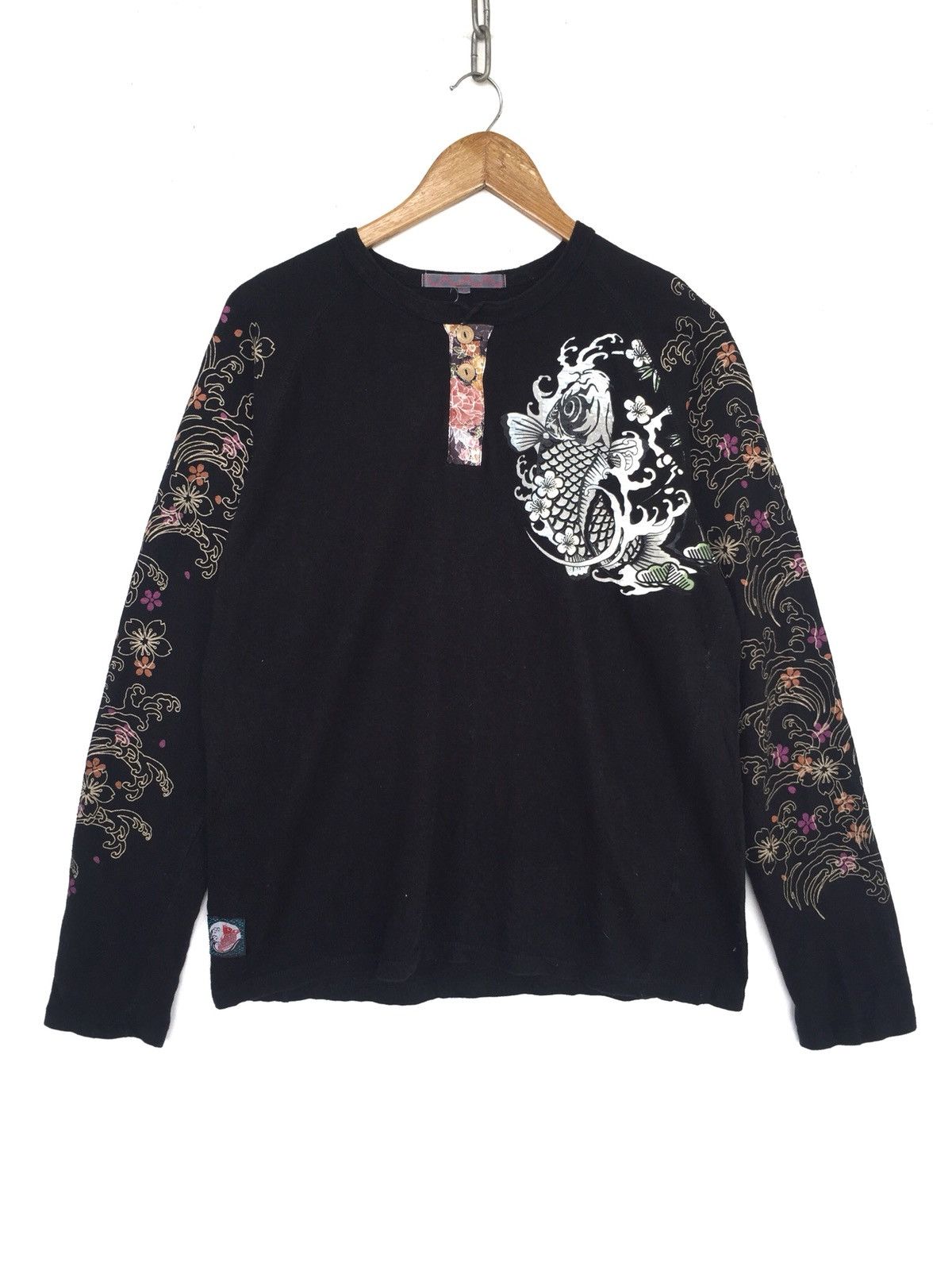Karakuri Tamashii Koi Fish Multicolor Art Printed Black Long Sleeve Shirt Size US L / EU 52-54 / 3 - 2 Thumbnail