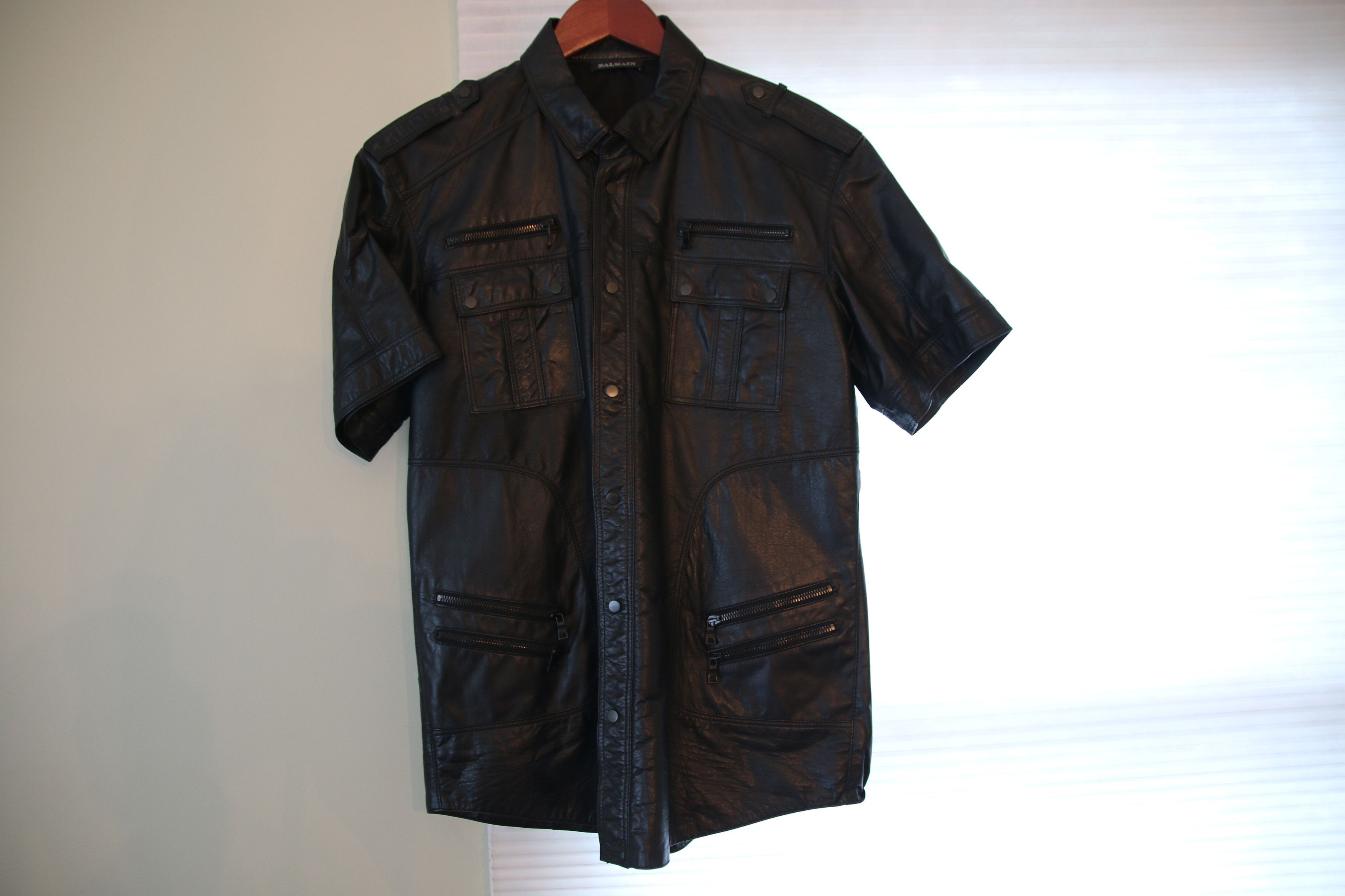 Balmain mens leather short sleeve shirt in sz 41