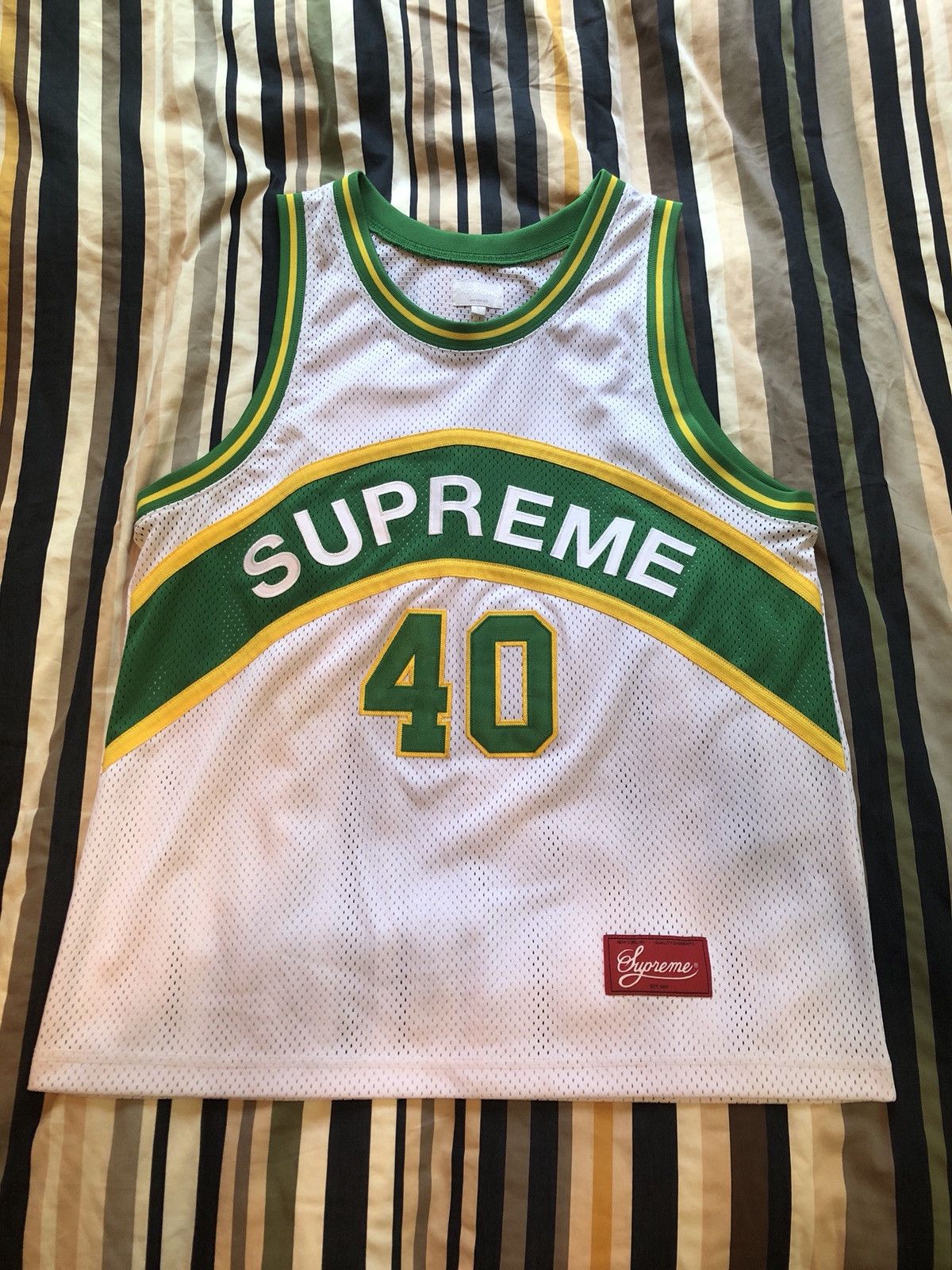 Supreme Supreme Curve Basketball Jersey Green Yellow & White | Grailed