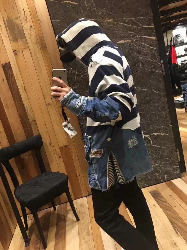 Greg Lauren 18AW black and white striped patchwork denim hoodie