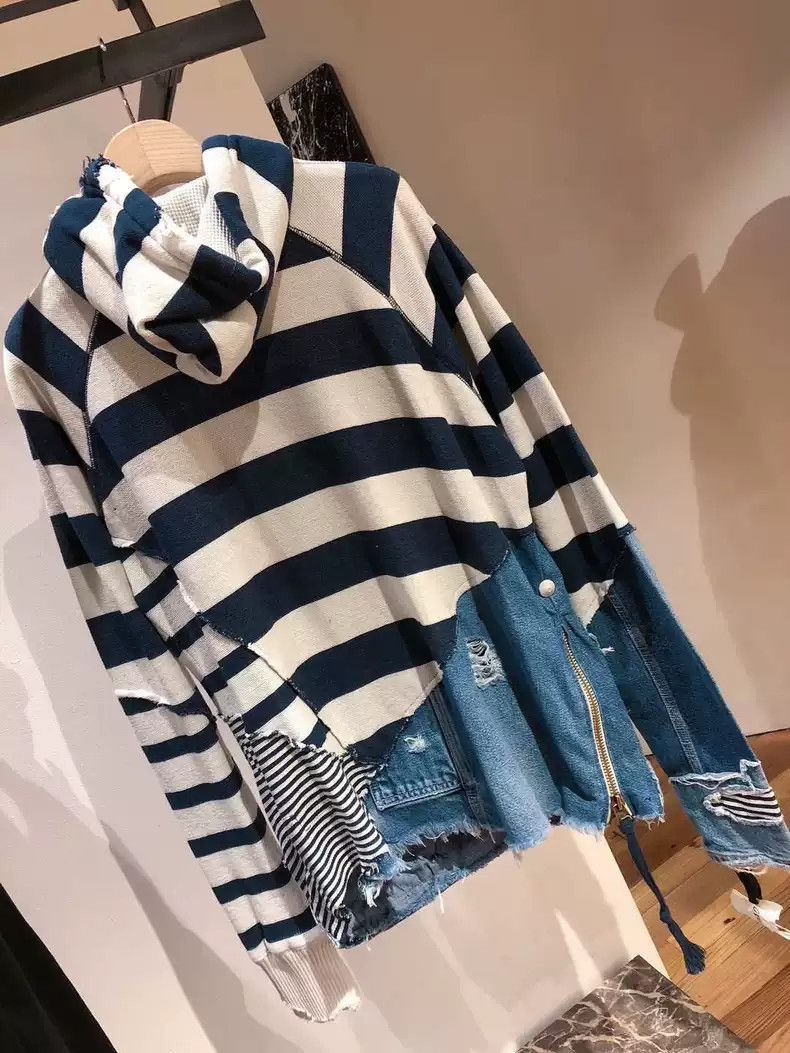 Greg Lauren 18AW black and white striped patchwork denim hoodie