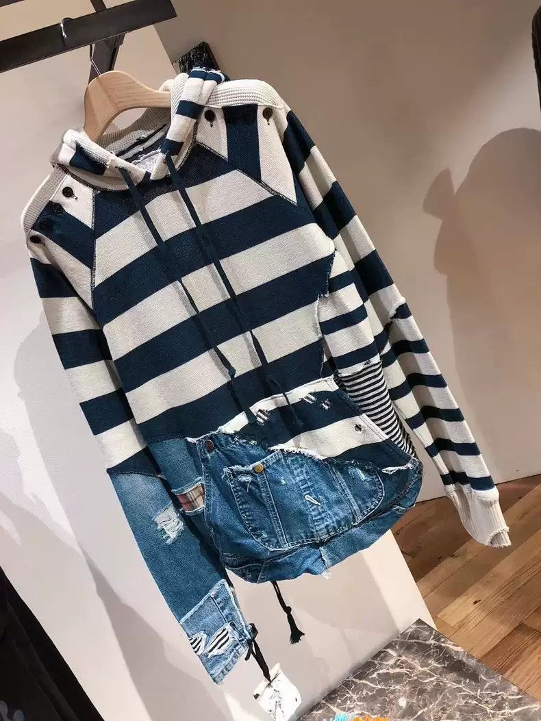 Greg Lauren 18AW black and white striped patchwork denim hoodie