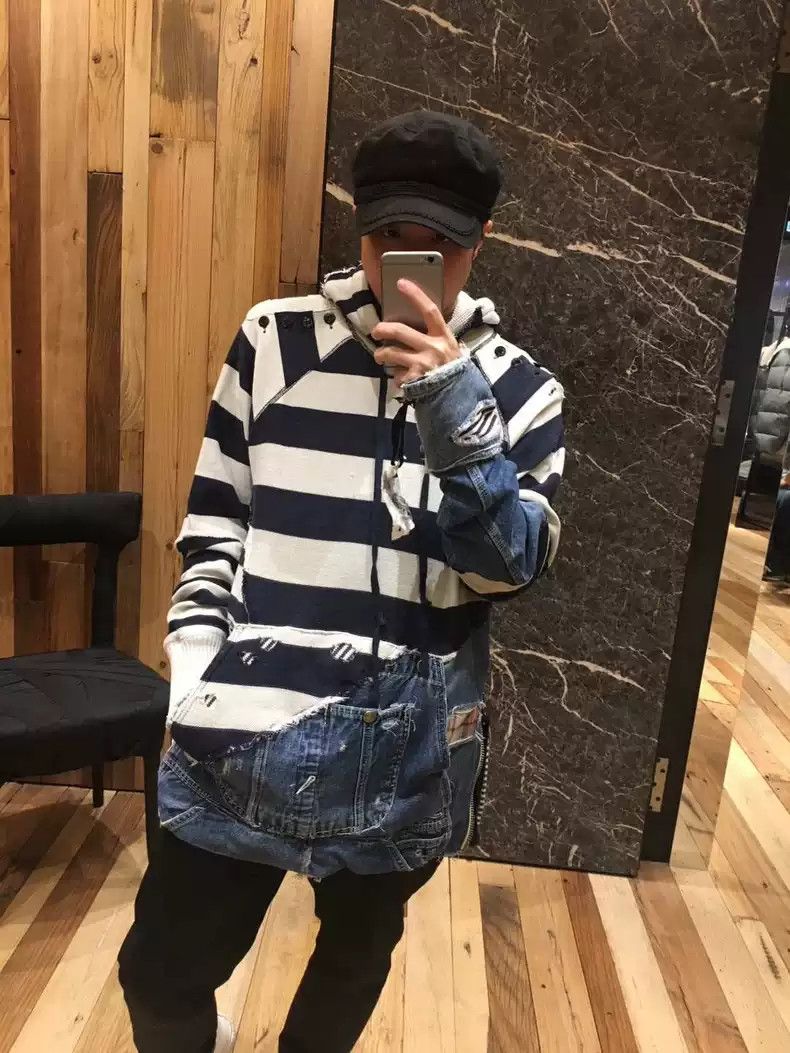 Greg Lauren 18AW black and white striped patchwork denim hoodie