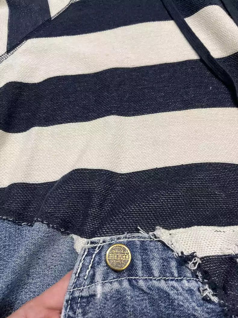 Greg Lauren 18AW black and white striped patchwork denim hoodie