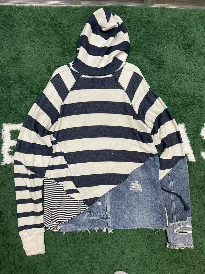Greg Lauren 18AW black and white striped patchwork denim hoodie