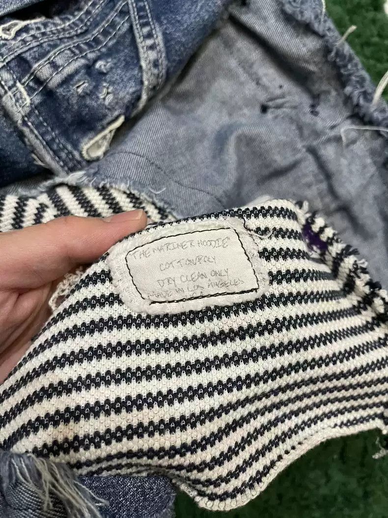 Greg Lauren 18AW black and white striped patchwork denim hoodie
