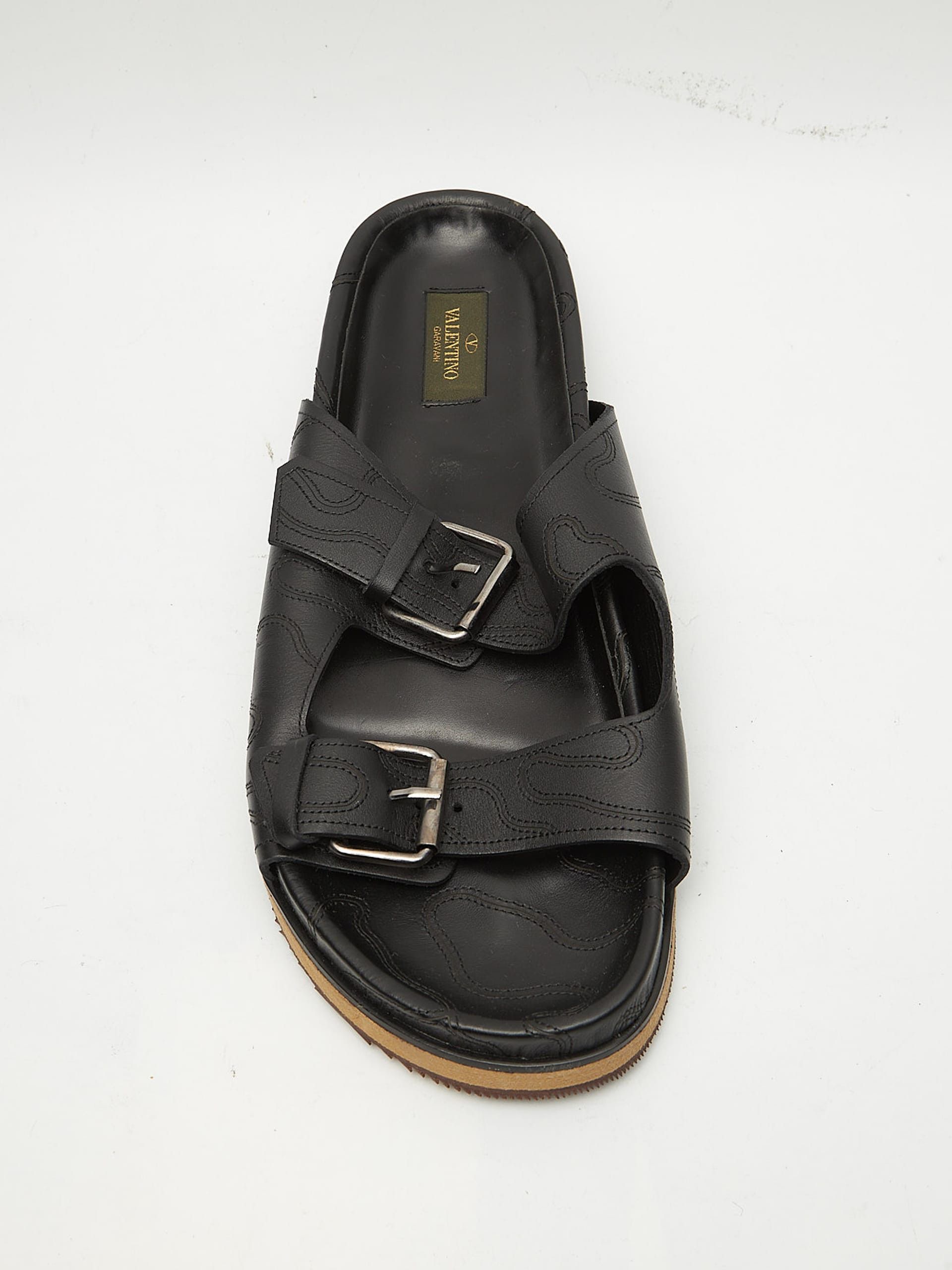 Valentino Black Embossed Leather Sandals Size US 13 / EU 46 - 5 Thumbnail