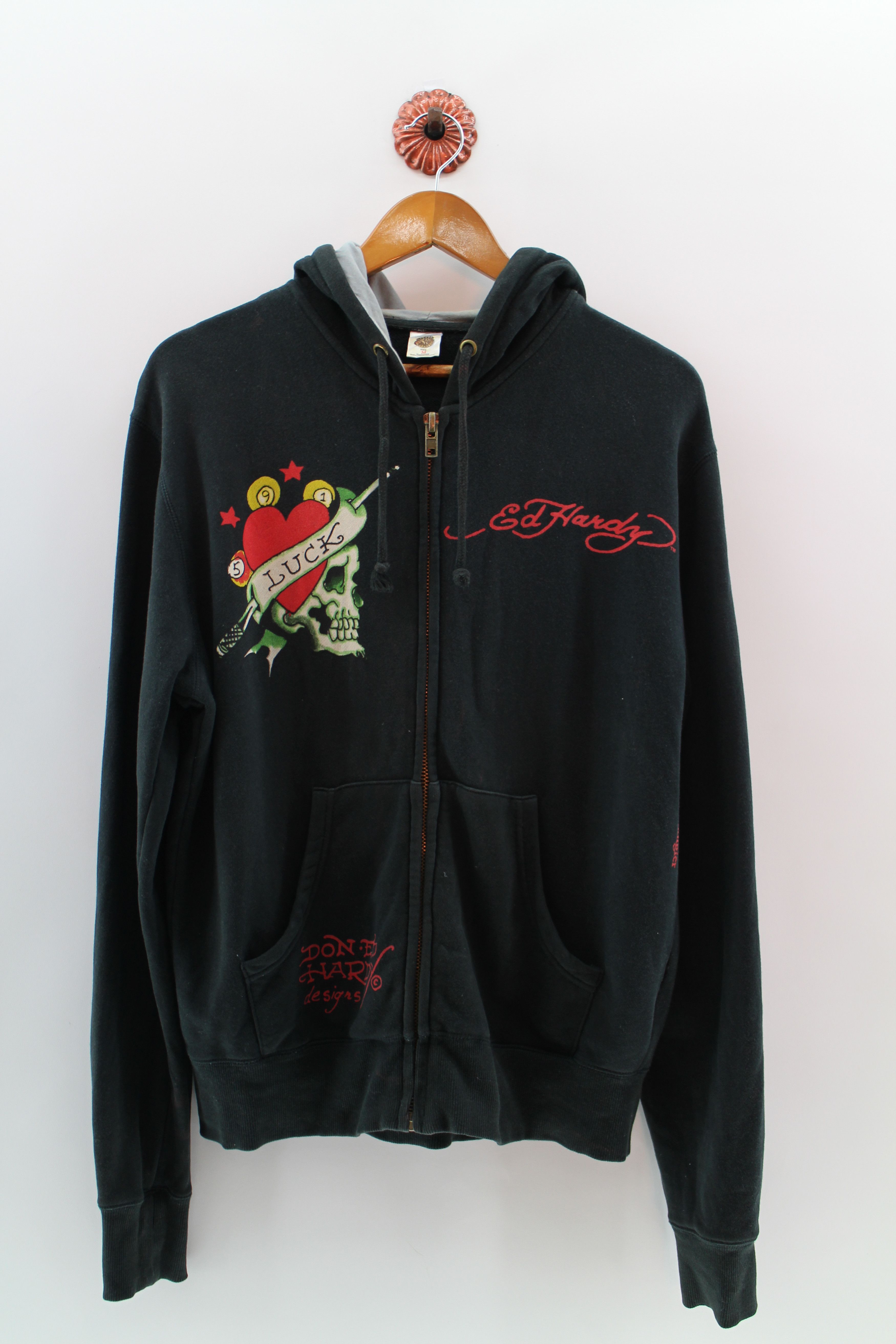 Ed Hardy ED HARDY Zipper Hoodie Sweater Medium Skull Love Design Ed