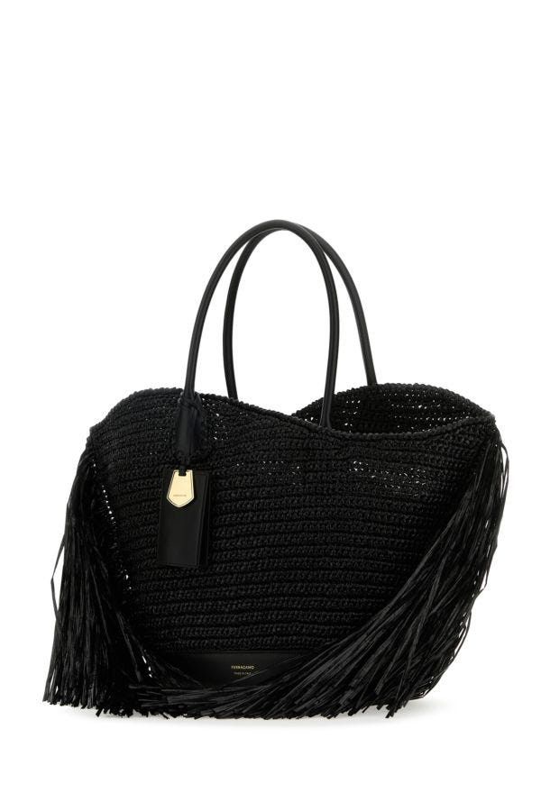 Salvatore Ferragamo Black Raffia And Leather Big Shopping Bag Size ONE SIZE - 4 Thumbnail