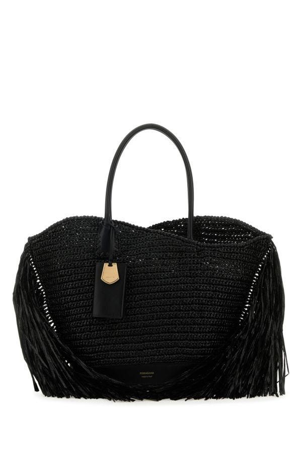 Salvatore Ferragamo Black Raffia And Leather Big Shopping Bag Size ONE SIZE - 3 Thumbnail