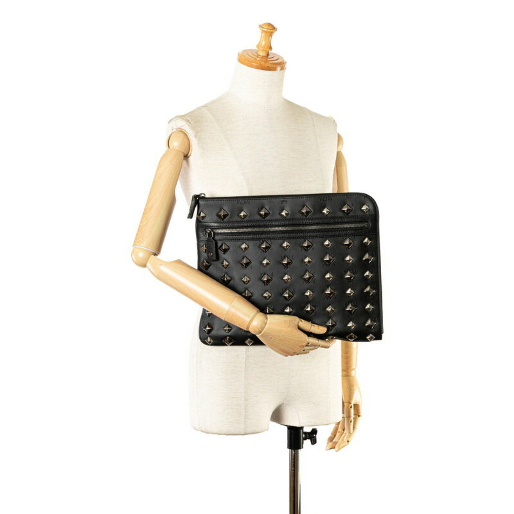 MCM MCM Visetos Glam Studs Clutch Bag Second Black Silver PVC Leather Women's Size ONE SIZE - 9 Thumbnail