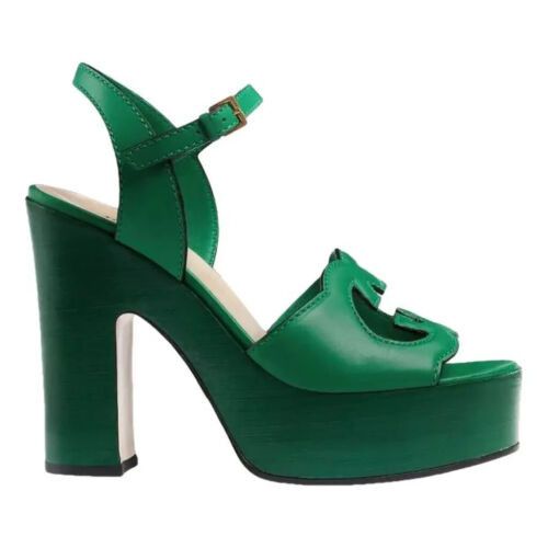 Gucci Interlocking G Cutout Leather Platform Sandals in green Size US 4 / IT 34 - 2 Thumbnail