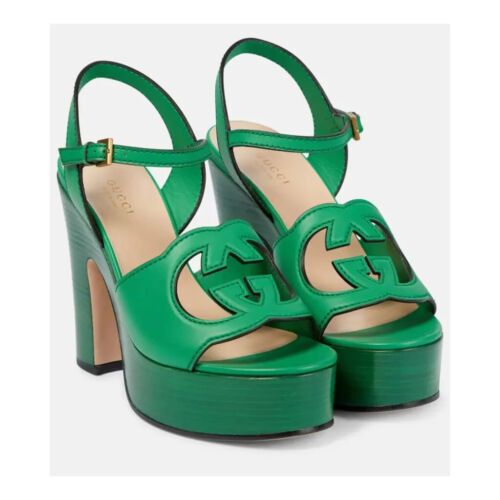 Gucci Interlocking G Cutout Leather Platform Sandals in green Size US 5 / IT 35 - 3 Thumbnail