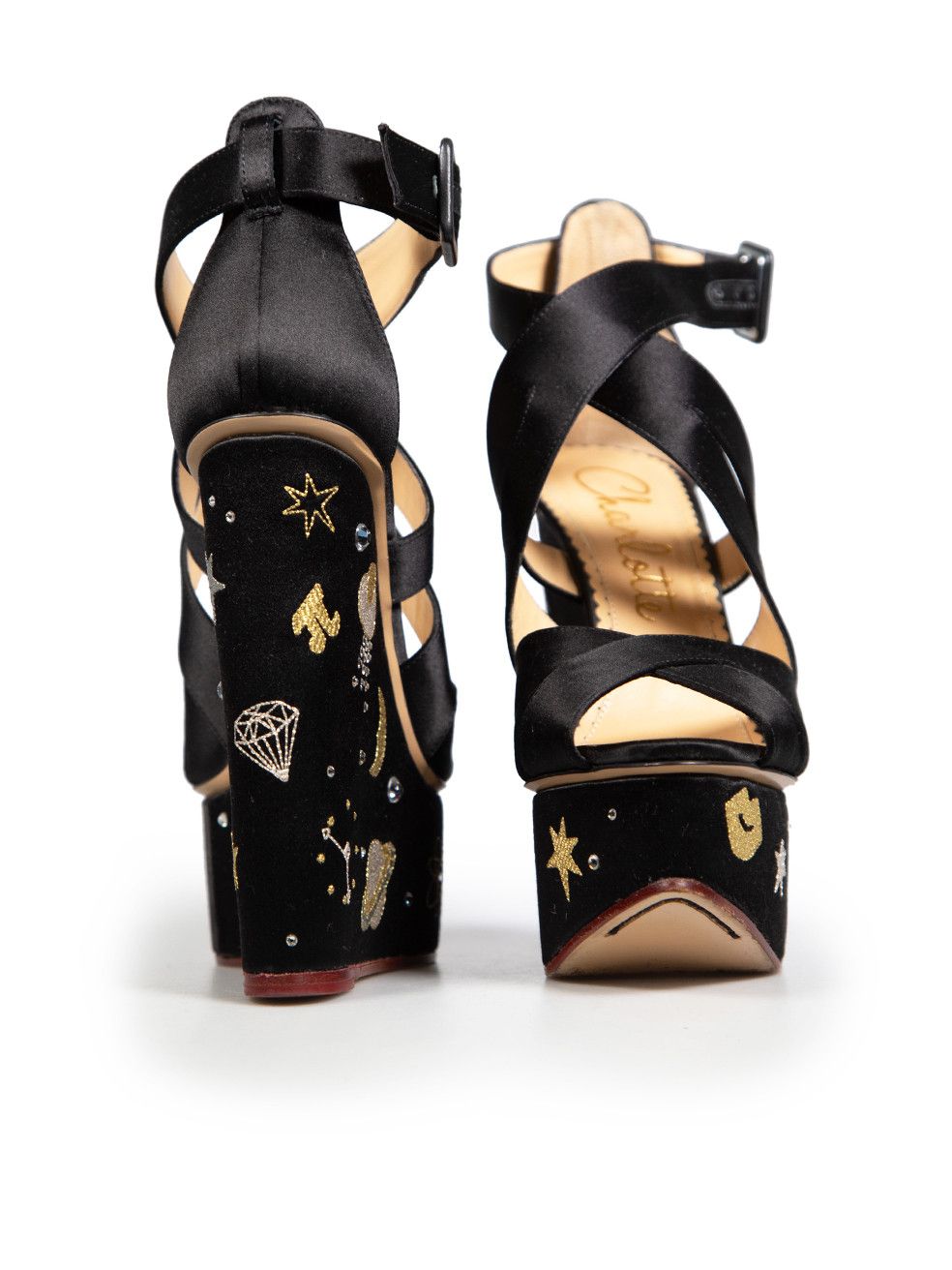 Charlotte Olympia Black Space Embroidered Sandals Size US 7 / IT 37 - 3 Thumbnail