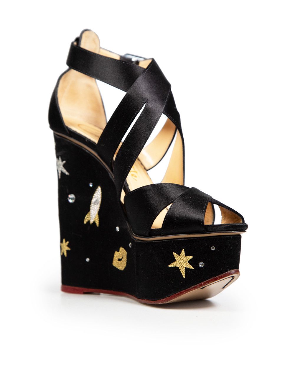 Charlotte Olympia Black Space Embroidered Sandals Size US 7 / IT 37 - 2 Thumbnail