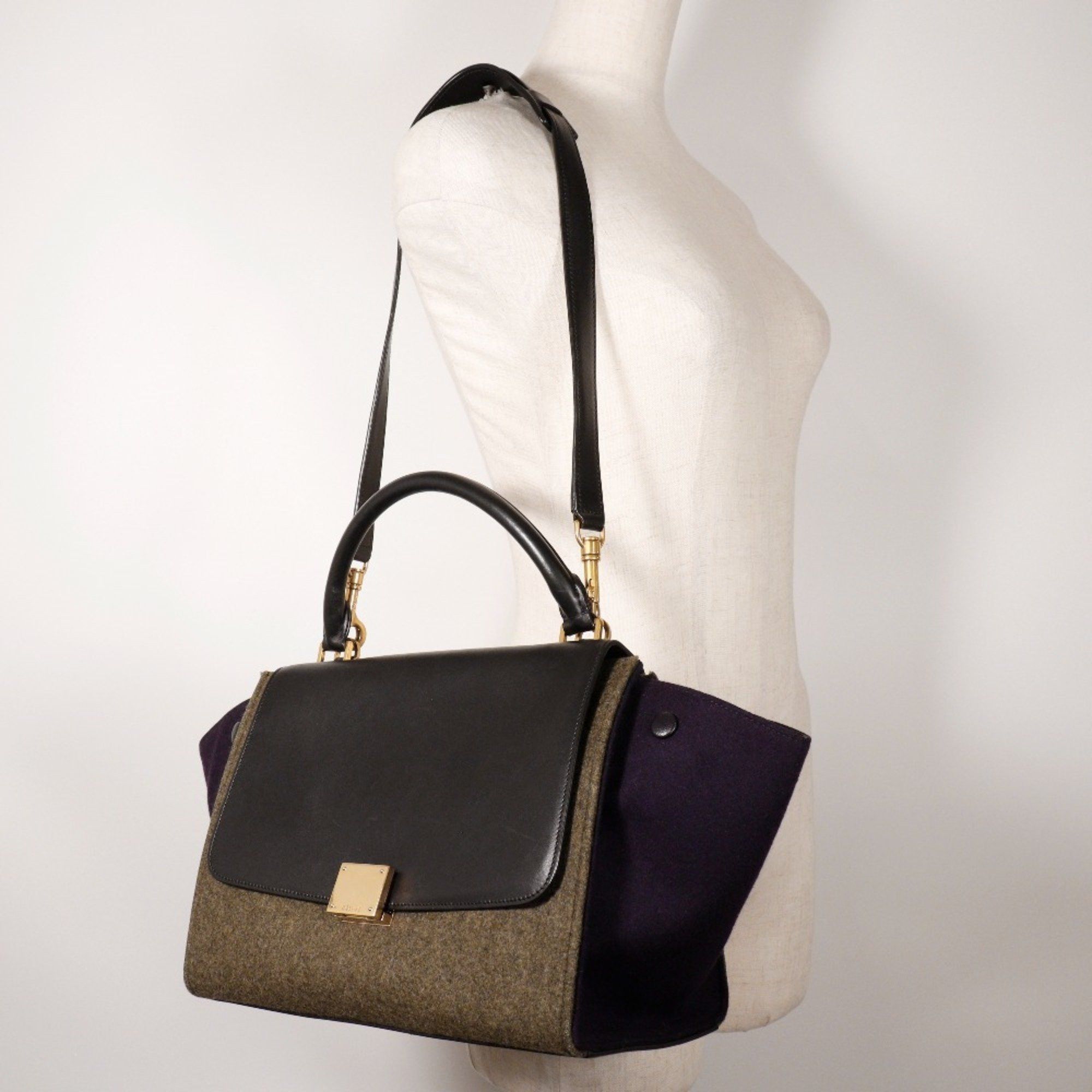 Celine CELINE Trapeze Handbag Felt x Calfskin Black/Grey 2way Flap Women's Size ONE SIZE - 15 Thumbnail