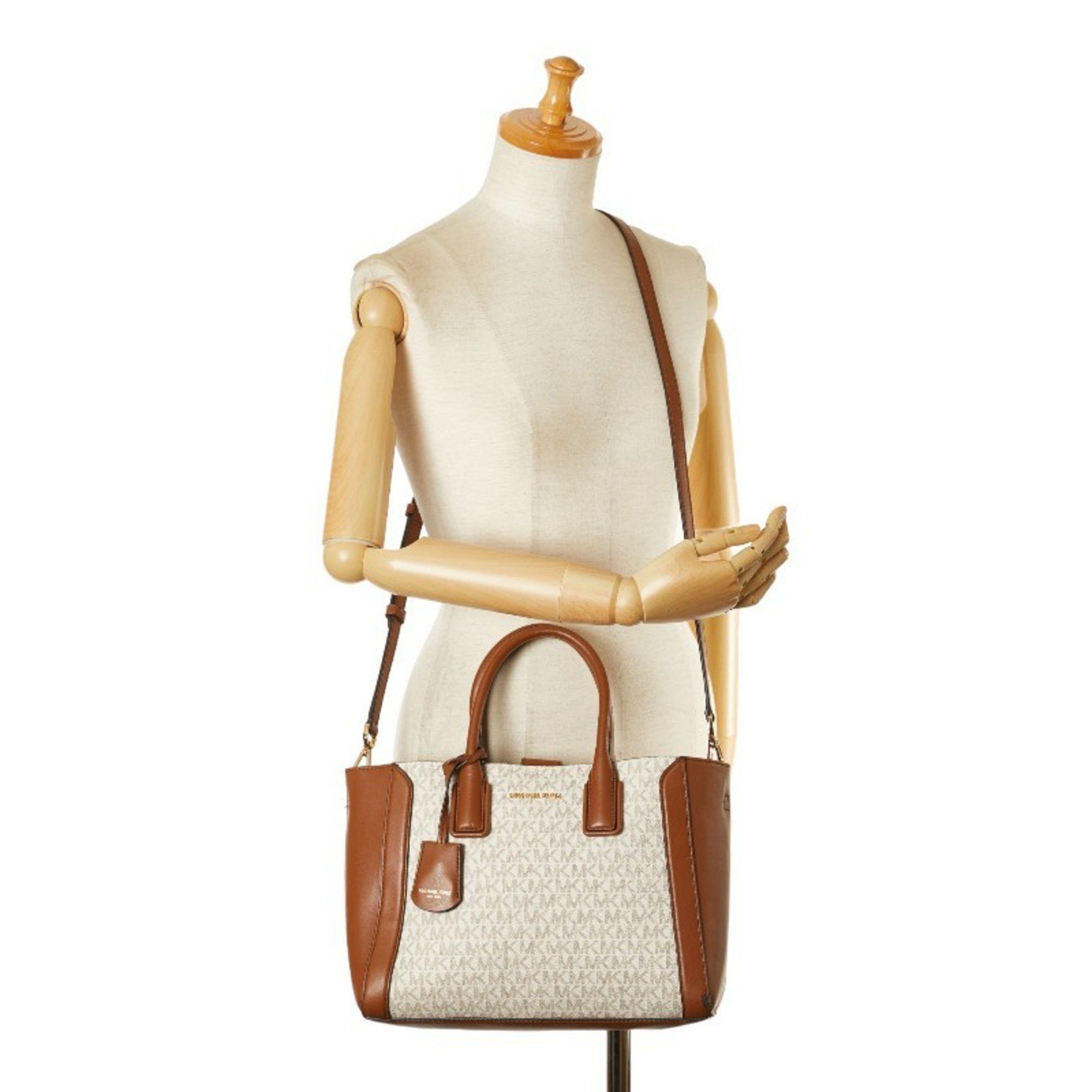 Michael Kors Michael Kors MK Monogram Handbag Shoulder Bag 35S2G6KS6B White Brown PVC Leather Women's Size ONE SIZE - 14 Thumbnail