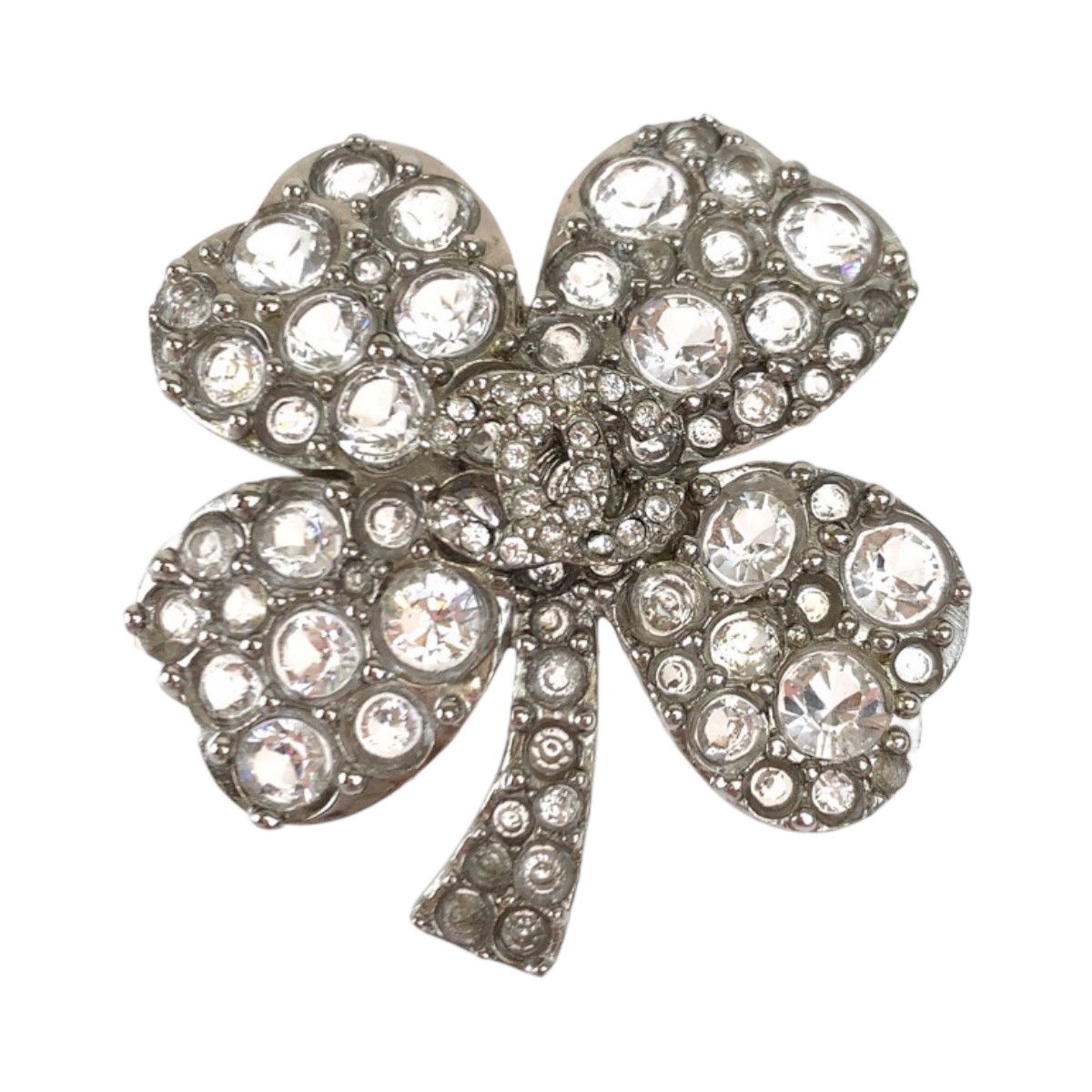 Chanel Chanel Chanel Silver Clover Brooch with Rhinestones Metal Brooch 07V Size ONE SIZE - 2 Thumbnail