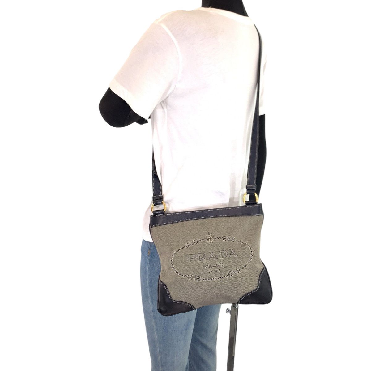 Prada Prada Prada Canvas/Leather Logo Jacquard Shoulder Bag 405803 Canvas Crossbody Bag 405803 in Very Good Condition Size ONE SIZE - 7 Thumbnail