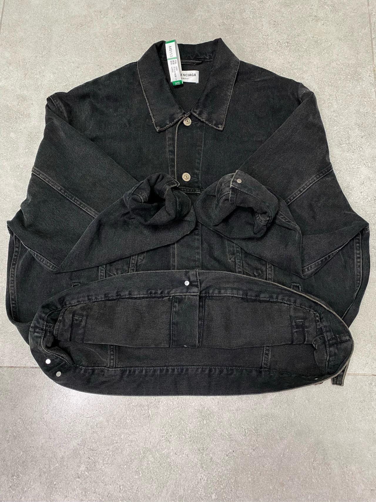 Balenciaga denim jacket with lapel buttons spray painted graffiti