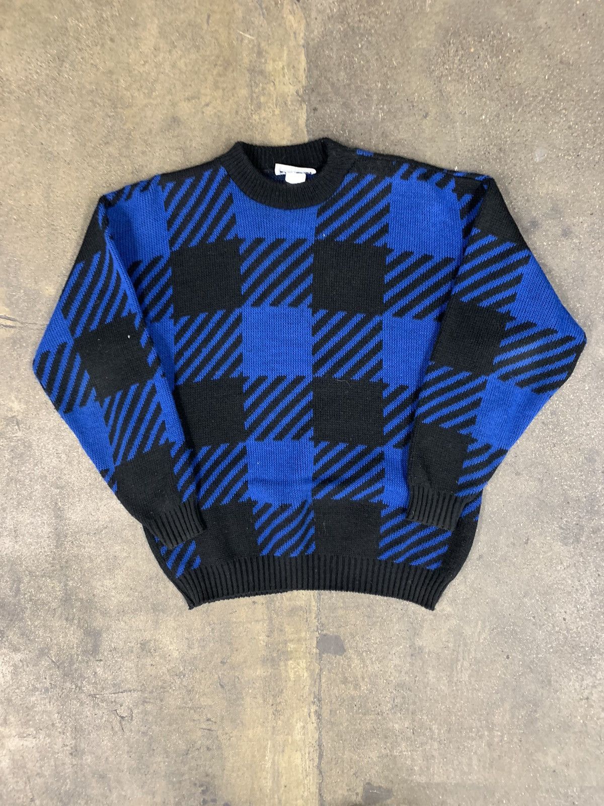 Vintage Vintage Blue Black Check Knit Sweater Size US L / EU 52-54 / 3 - 3 Thumbnail