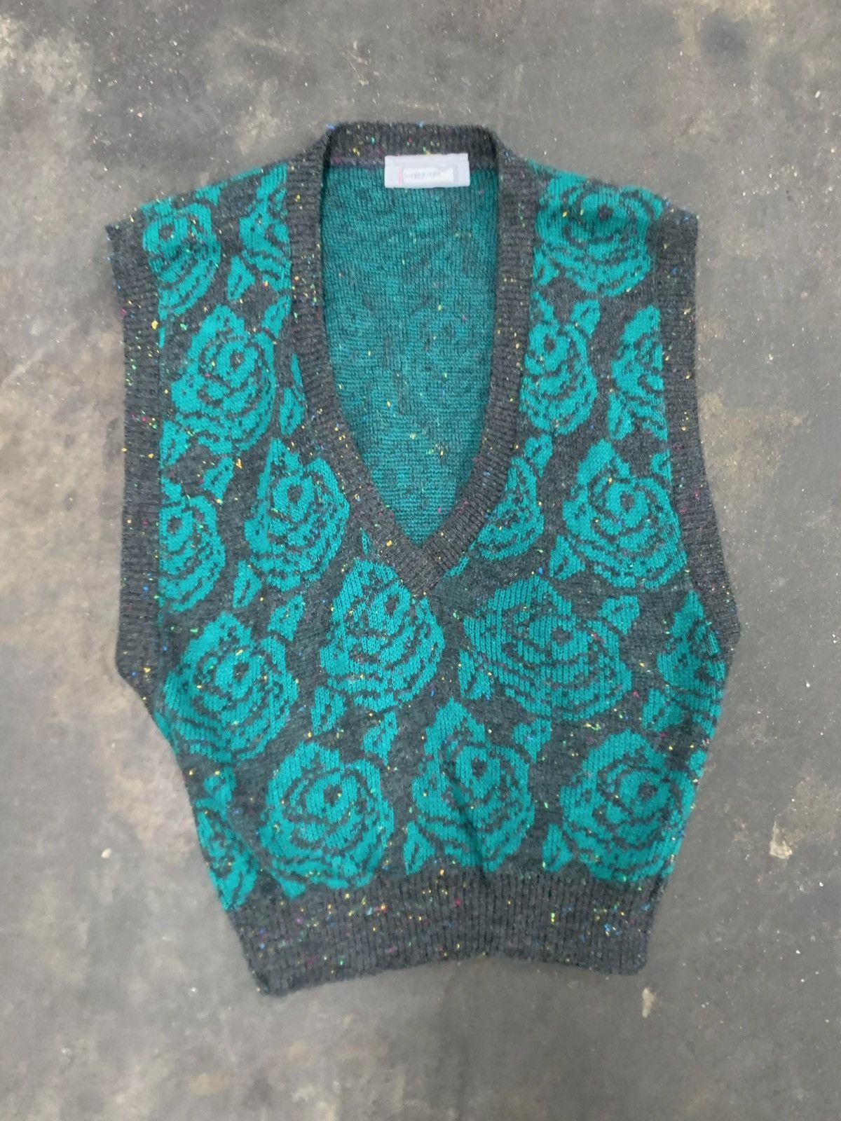 Vintage Vintage Teal Rose Knit Sweater Vest Size US M / EU 48-50 / 2 - 2 Thumbnail