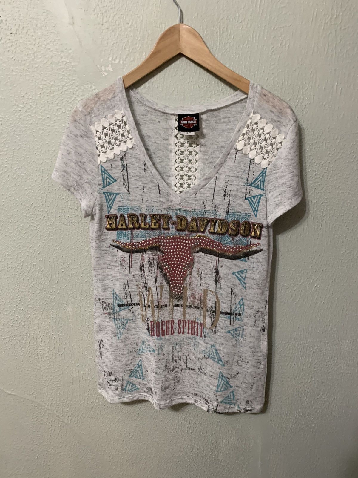 Harley Davidson × Vintage Vintage Harley Davidson Rhinestone Bull Lace Tee Size US S / EU 44-46 / 1 - 2 Thumbnail