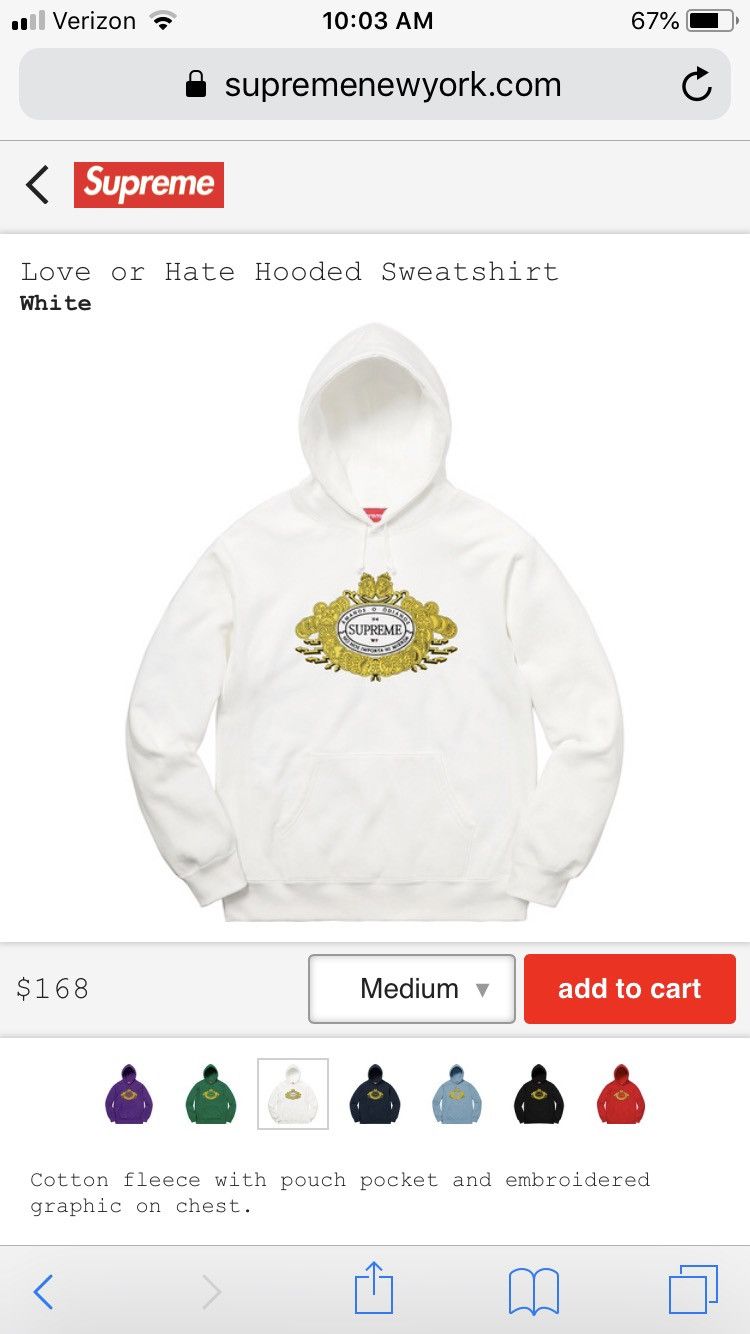 Supreme Love or Hate Hooded Sweatshirt White